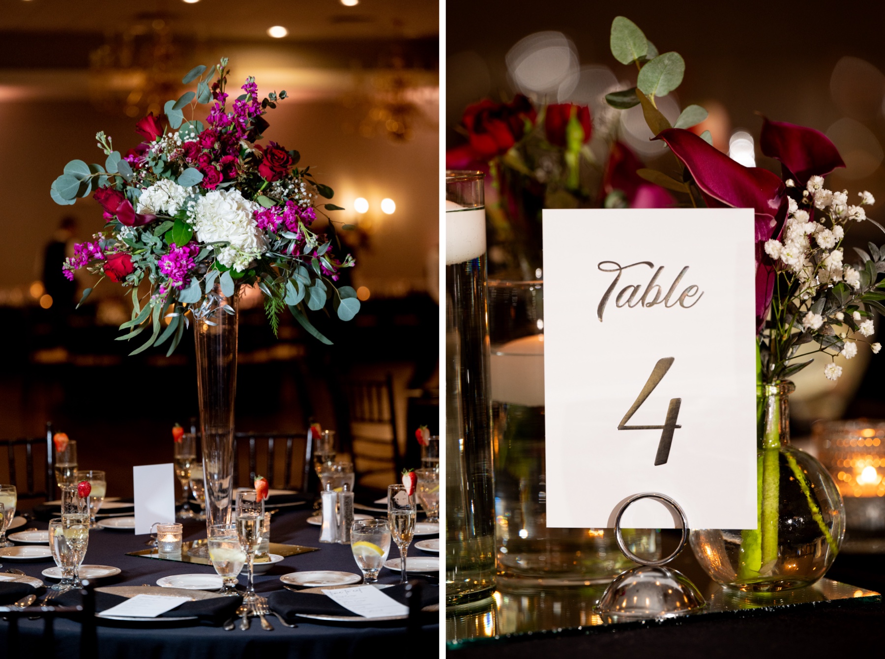 wedding reception centerpieces of pink and white and green florals 