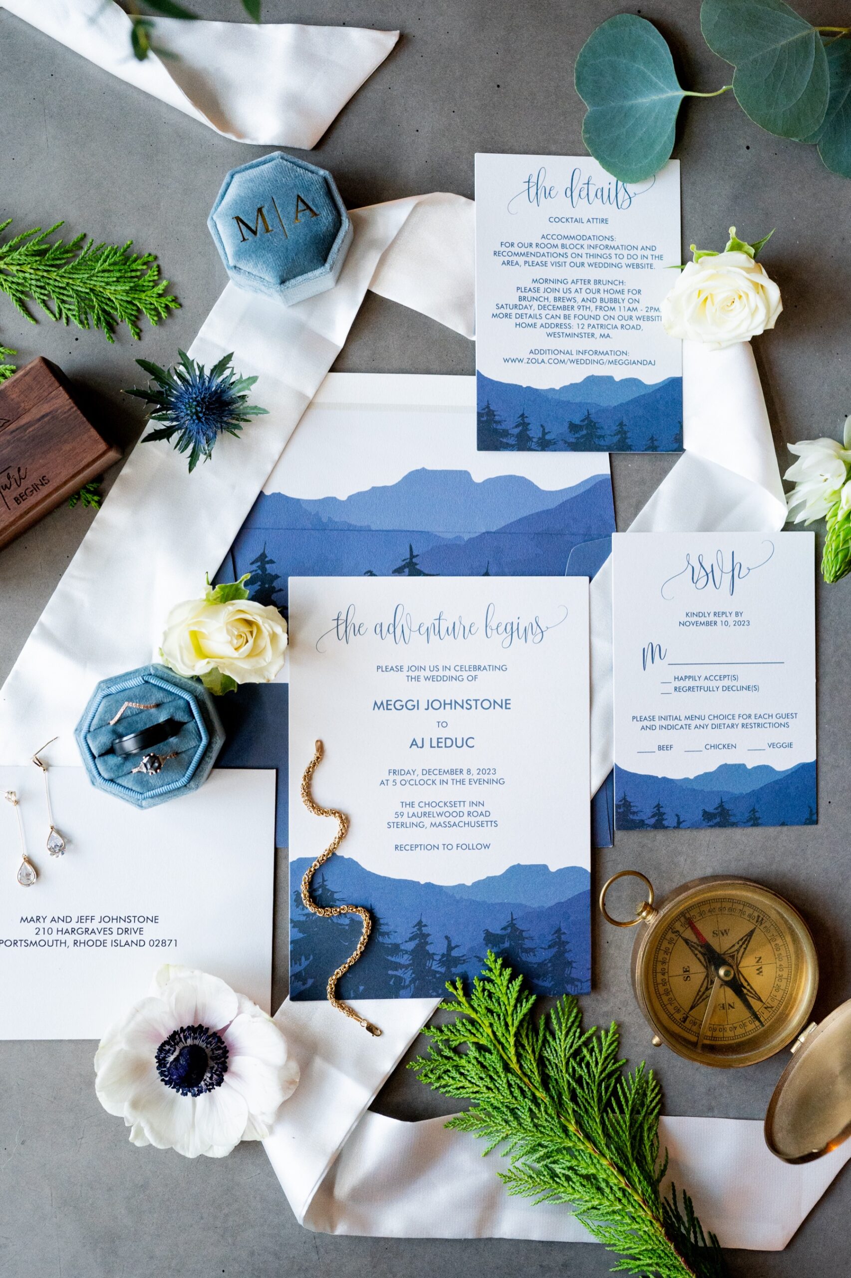 a Winter Wonderland Wedding invitation suite of blue and white