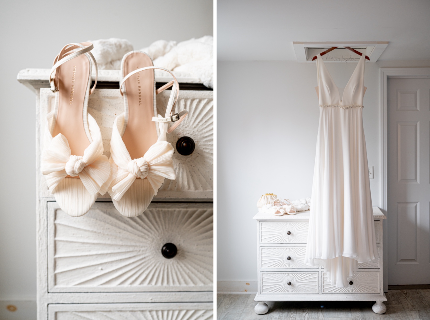 white bridal shoes sitting next to a white bridal gown hanging up 