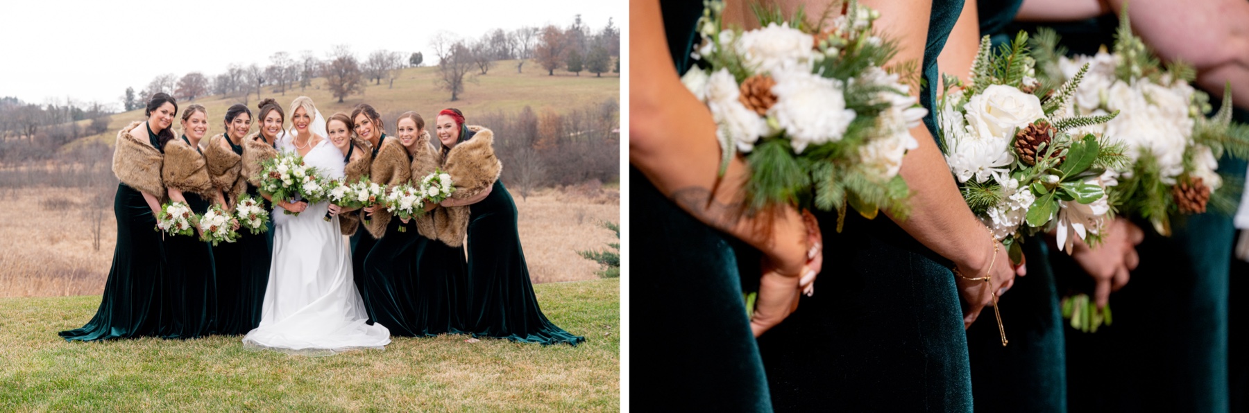 bride standing with bridesmaids who wear green velvet dresses and brown fur shawls with Winter Wonderland Wedding bouquets 