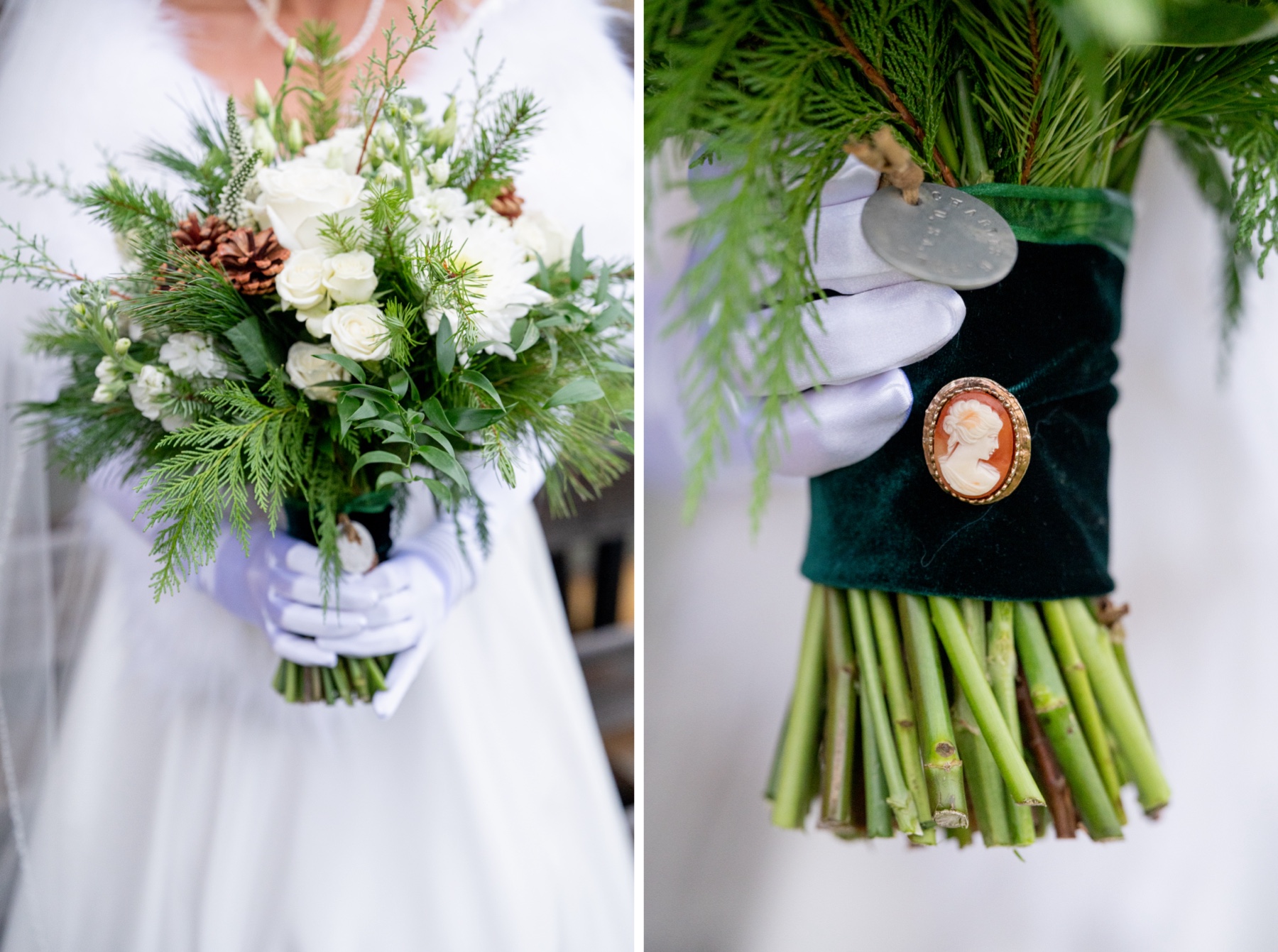 Winter Wonderland Wedding bouquet full of greenery and white flowers and pine cones wrapped in green velvet