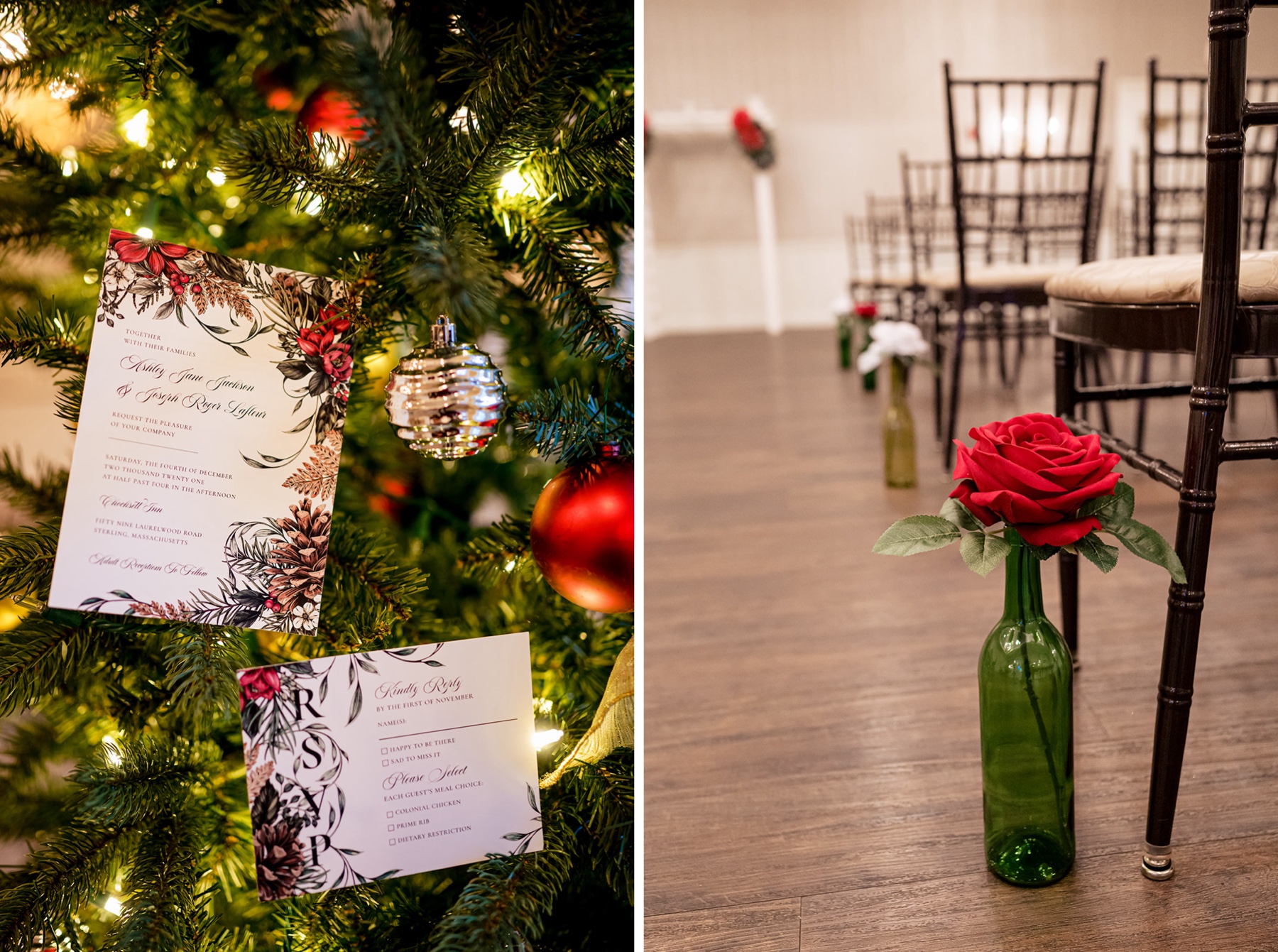 christmas tree decor for wedding ceremony with red flowers