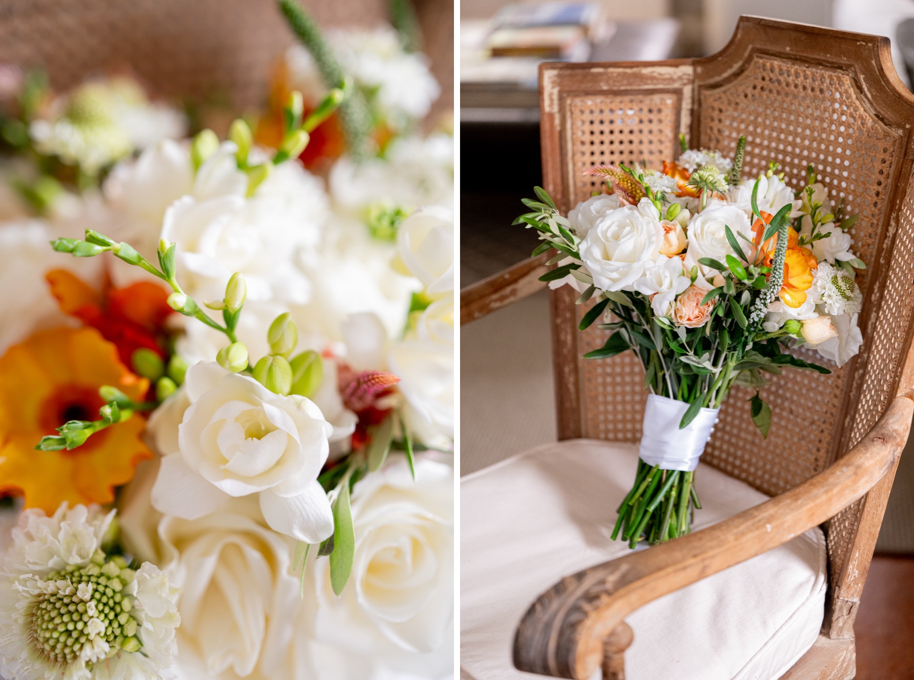 white and orange floral bouquet sitting on brown rattan chair