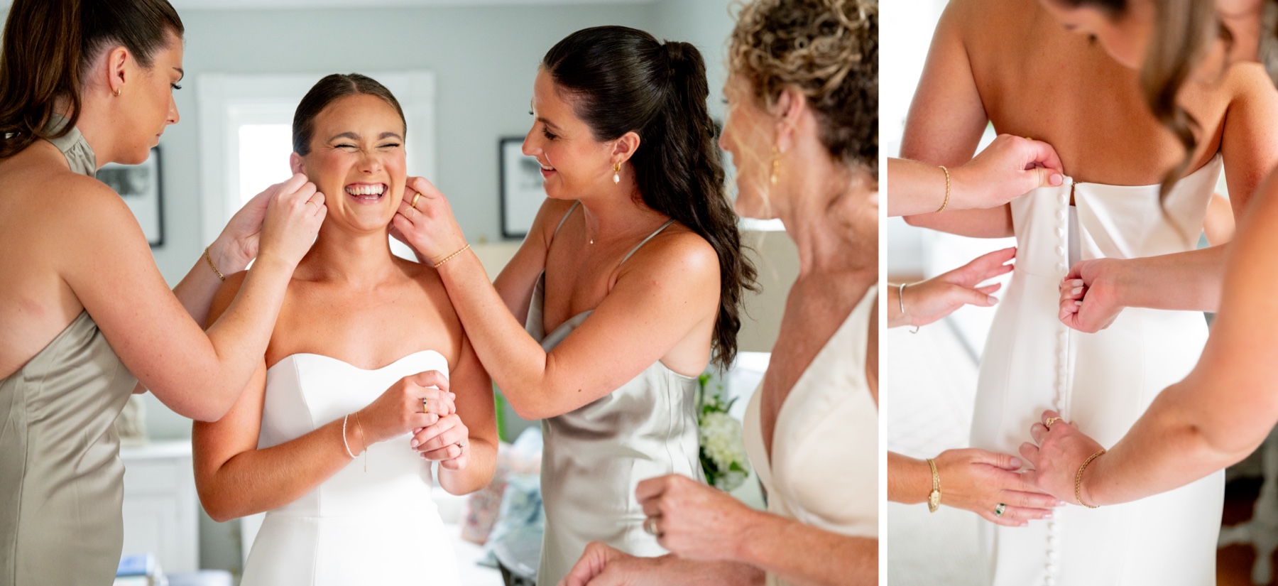 bridesmaids helping bride zip up the back of her dress and putting on her earrings 