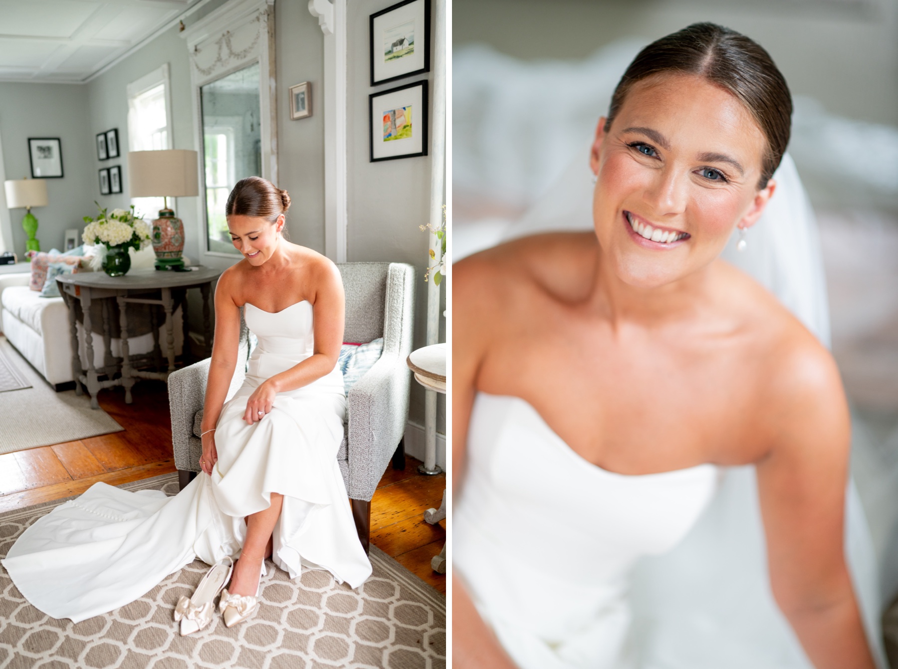 bride sitting to put her wedding shoes on