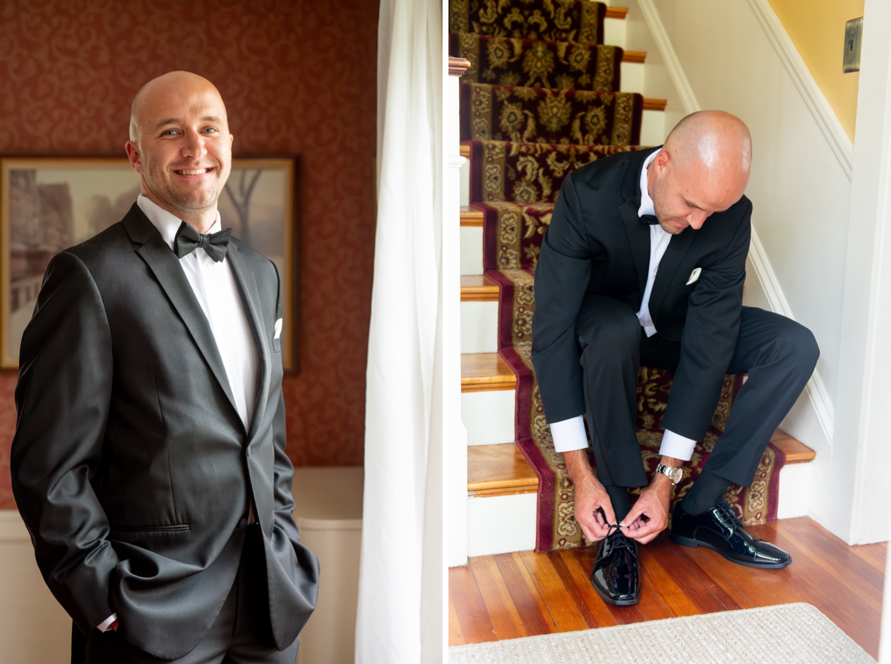 groom smiling at camera and sitting on the steps to tie his wedding shoes