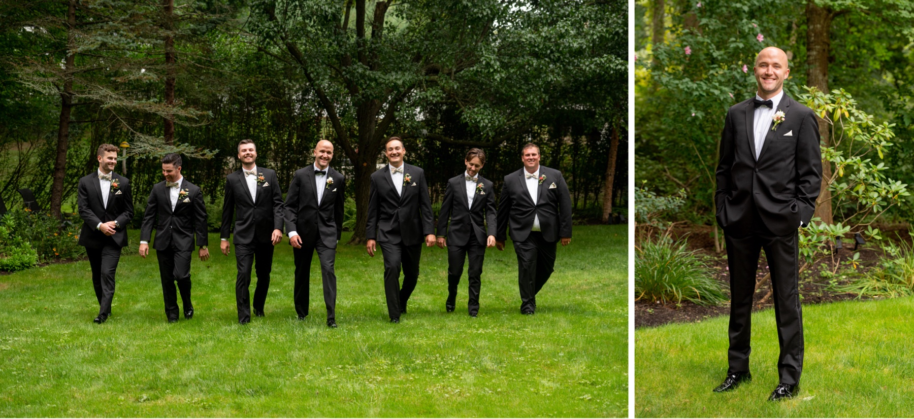 groom walking with his groomsmen who all wear black suits along a grassy lawn