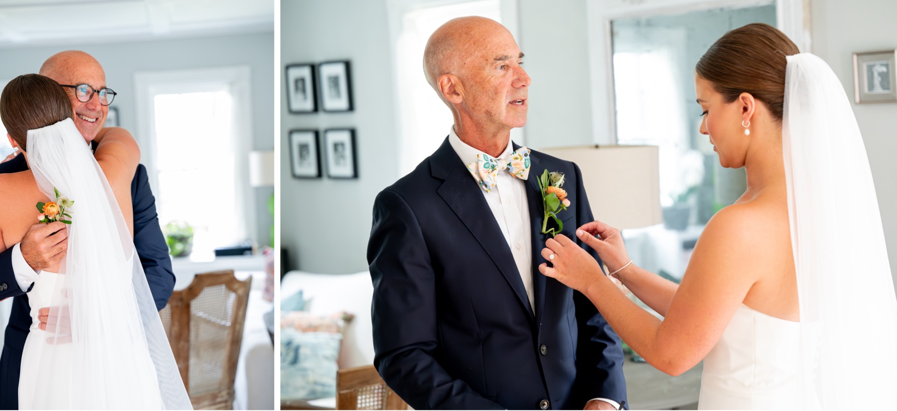 bride hugging her father and helping him fasten his wedding floral boutonniere 