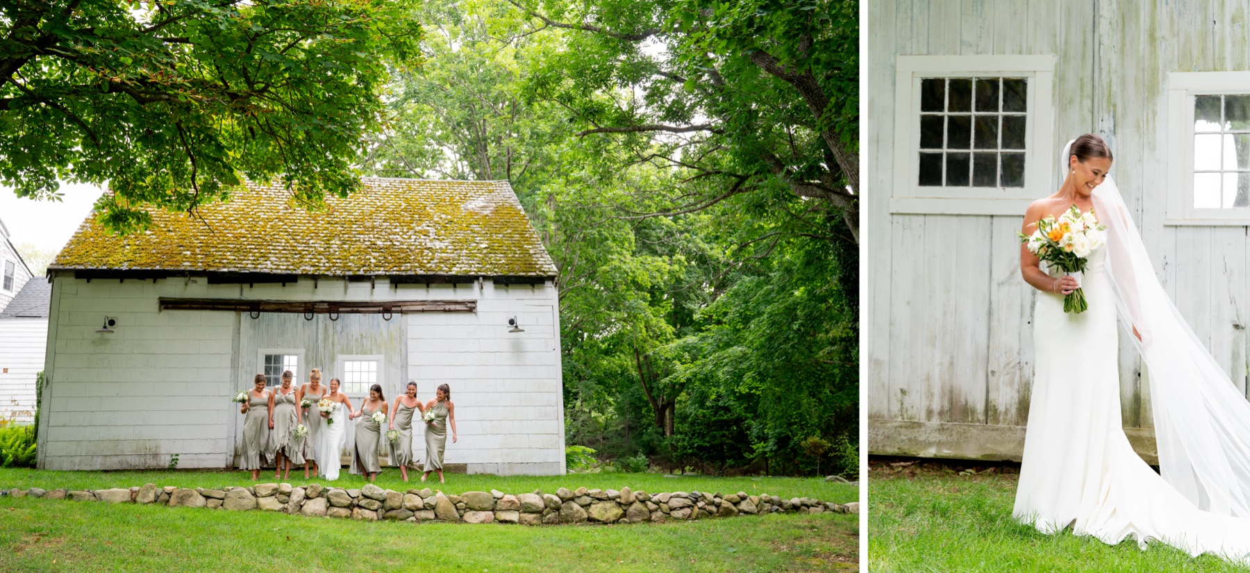 bride and bridesmaids walking behind old white barn with a historic stone wall in front of them in marshfield, ma 