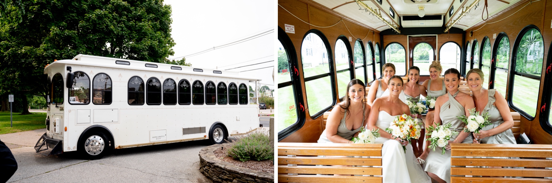 white trolley transporting the bride and her bridesmaids to the church 