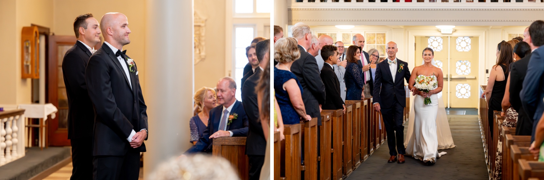 groom looking at his bride while she and her father walk down the aisle of the church 