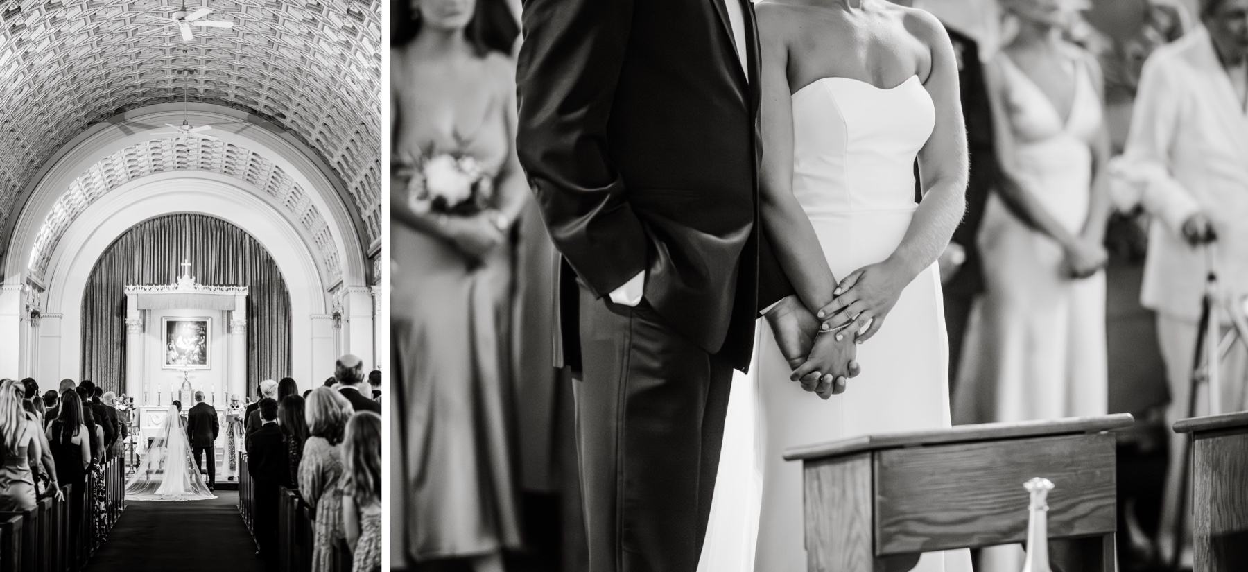 bride and groom standing at the front of the church during their wedding ceremony holding hands