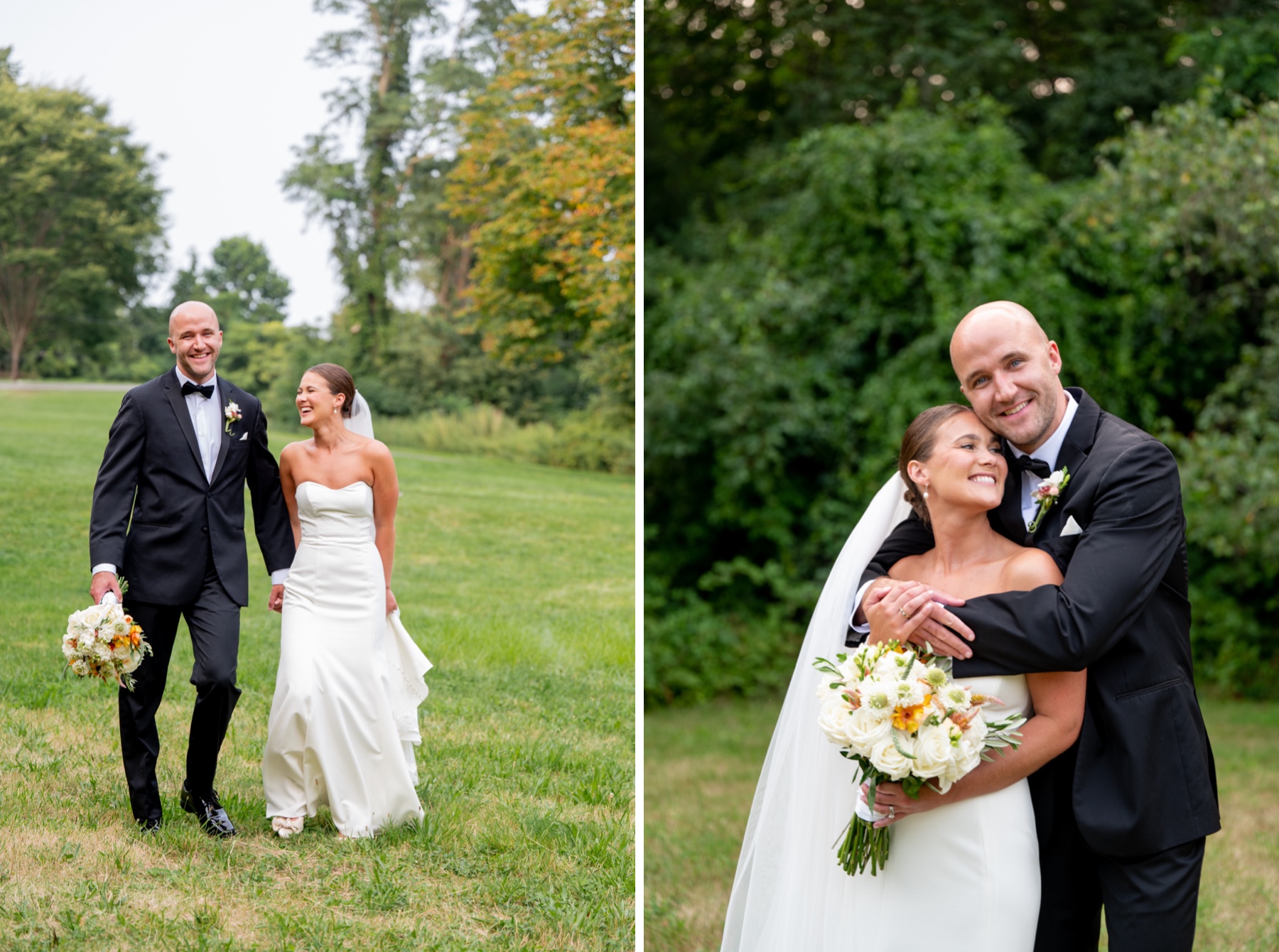 bride and groom laughing and smiling at each other during portraits for their Elegant South Shore Summer Wedding