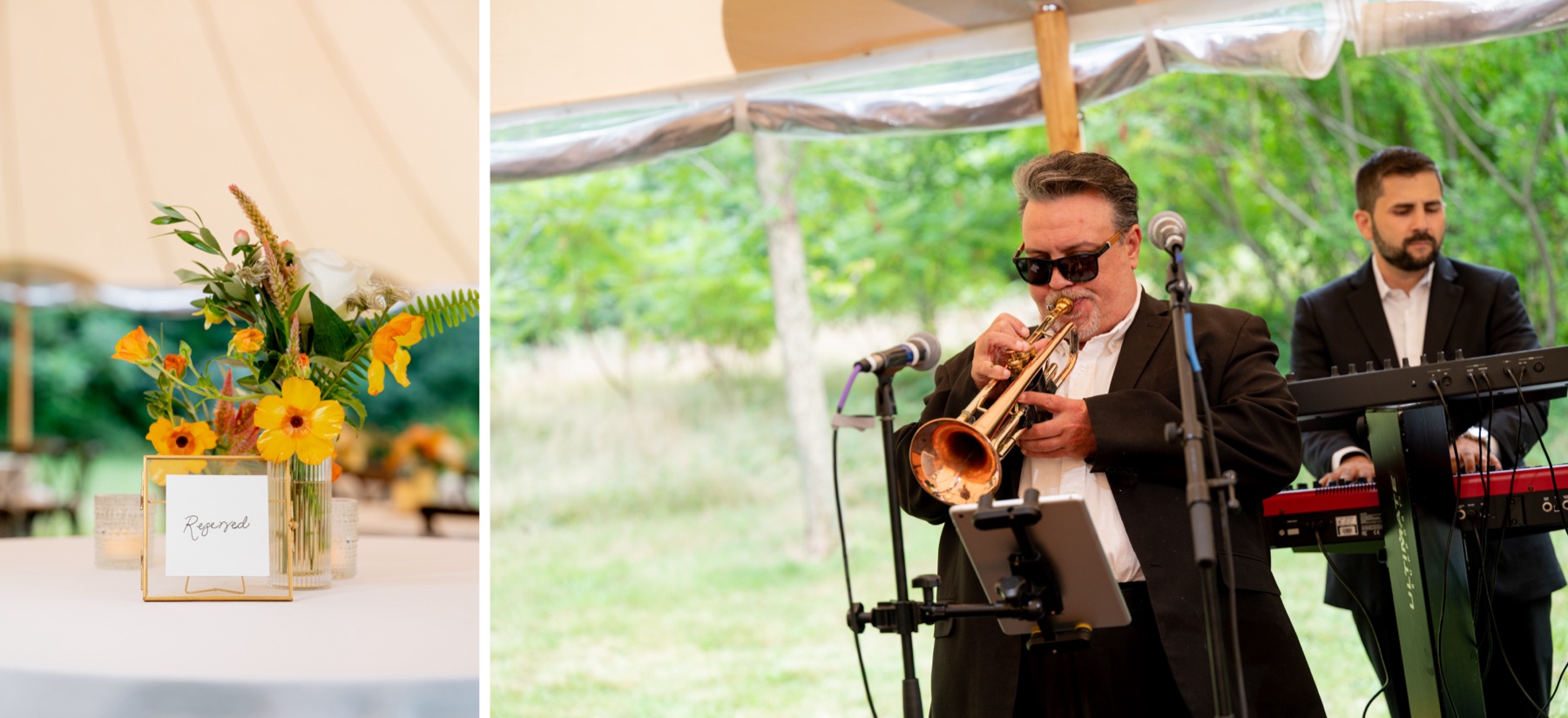 orange and yellow floral centerpiece with reserved sign and trumpet player in the reception band plays 