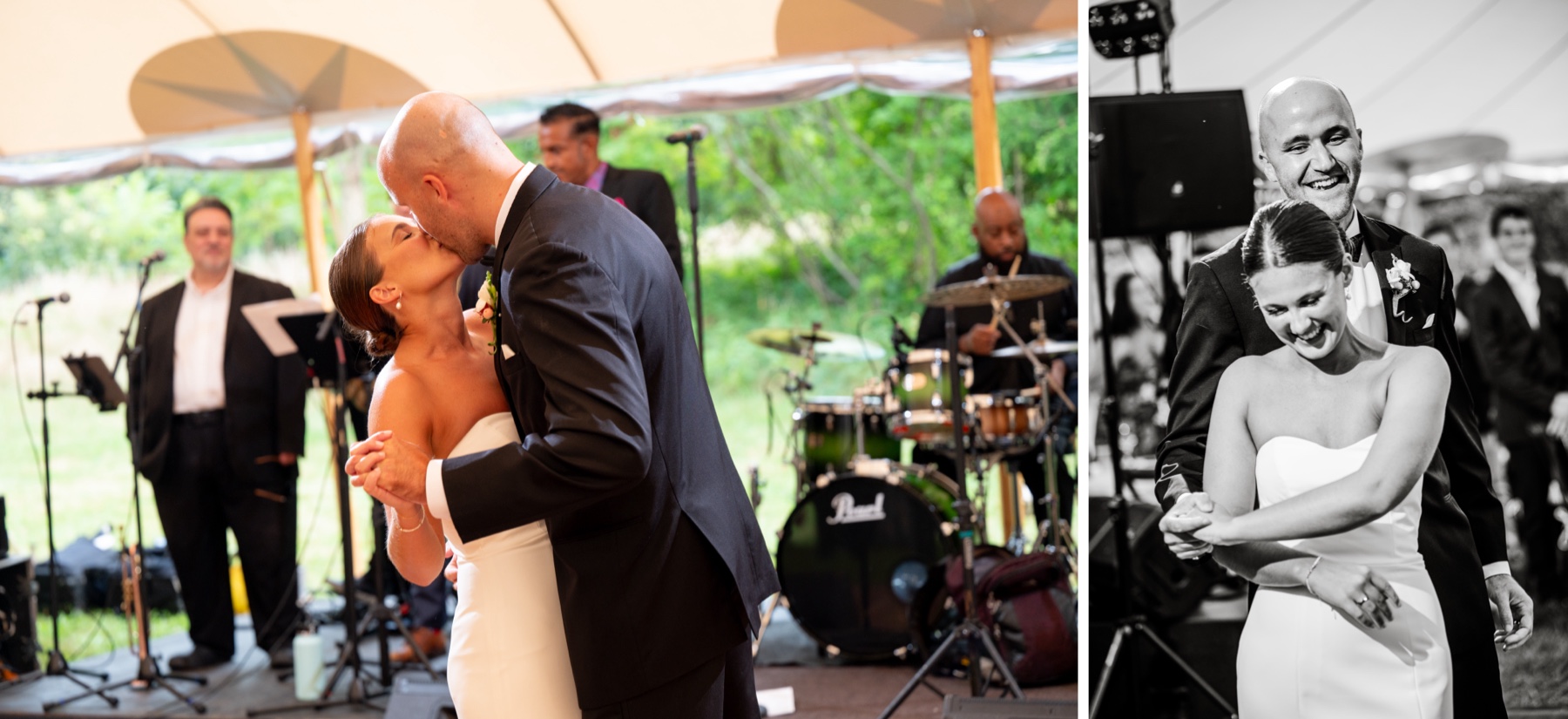 bride and groom kissing and laughing on the dance floor 