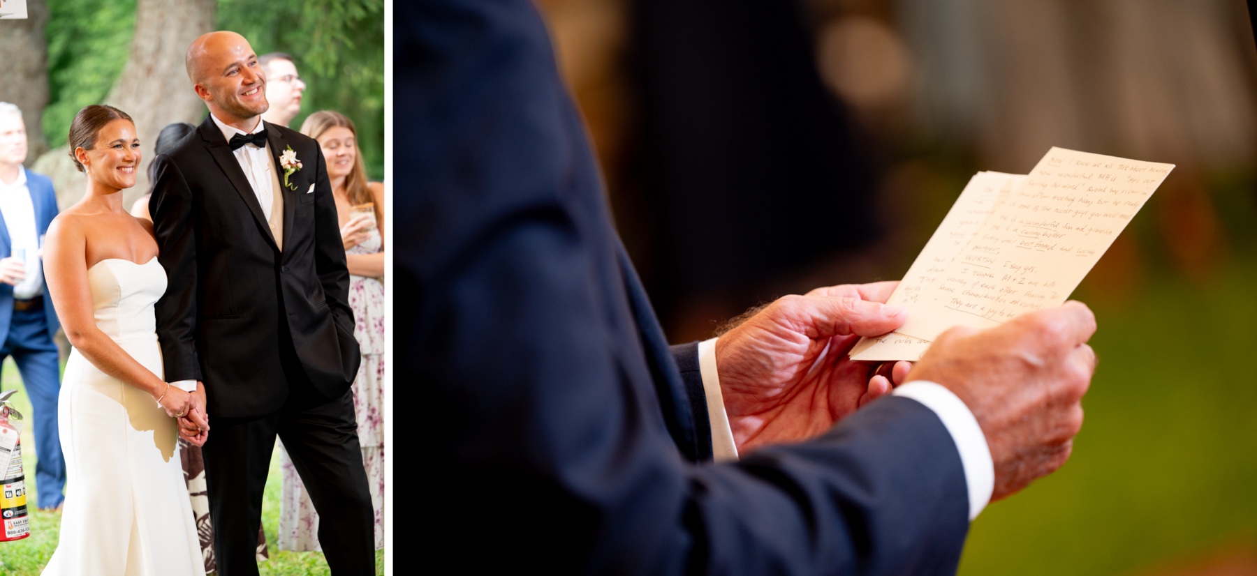 bride and groom watching and listening as father of bride gives a toast, holding his note cards