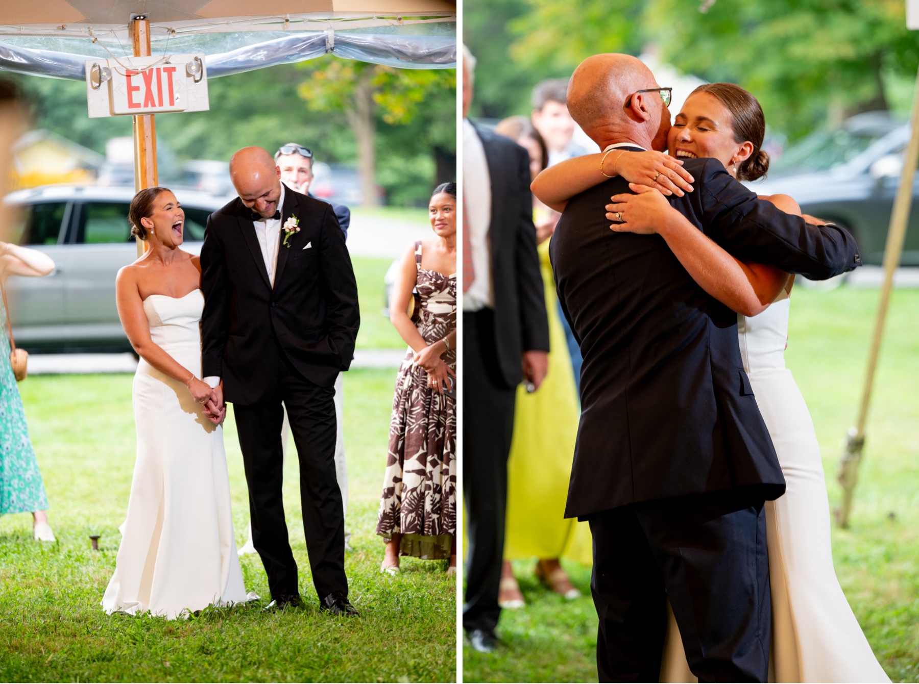 bride and groom laughing at the toast and the bride hugging her father after the wedding speech