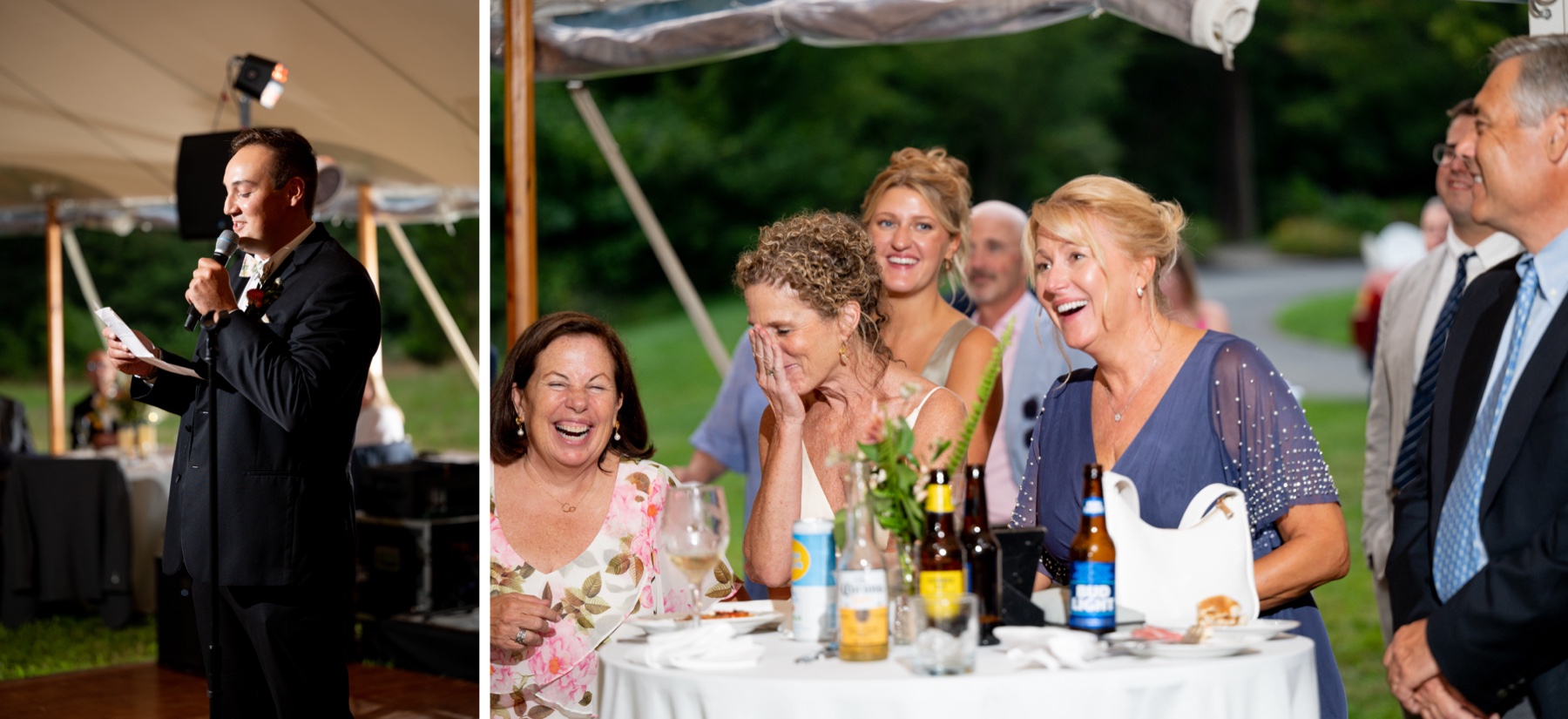 best man giving his wedding toast as guests listen and laugh 