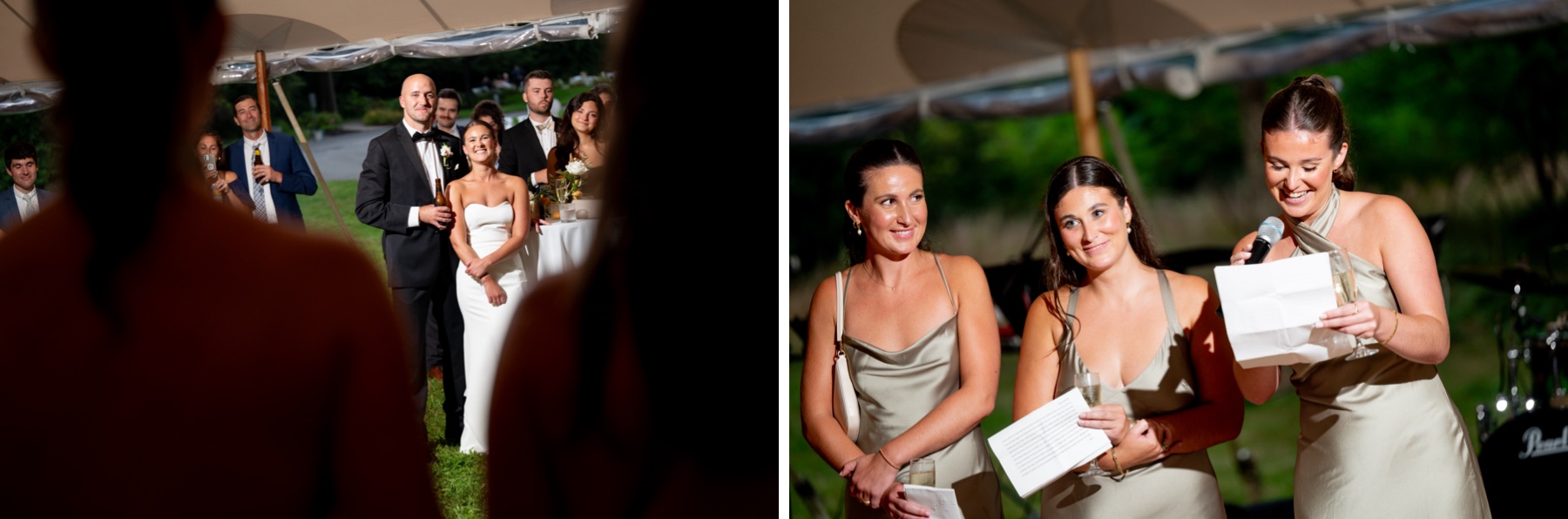 bride and groom laughing as bridesmaids give their toast 