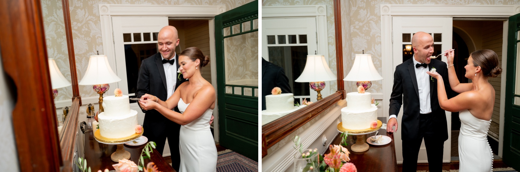 bride and groom cutting their white wedding cake and feeding it to eachother 