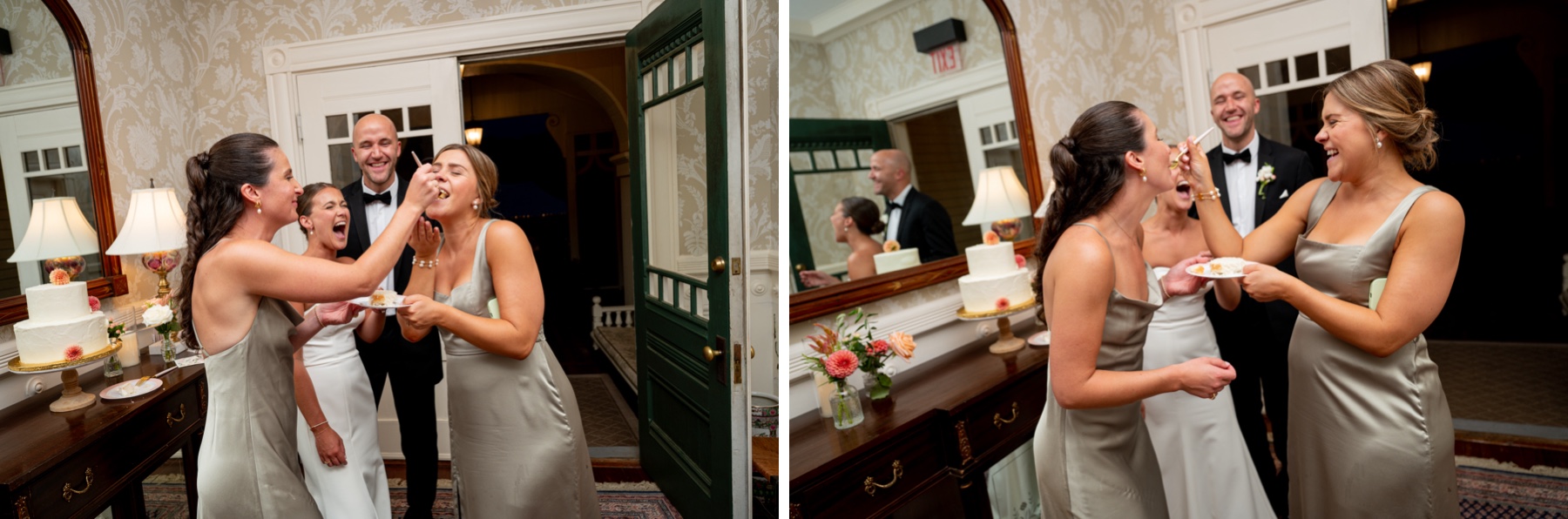 bridesmaids feeding each other cake as the bride and groom watch and laugh