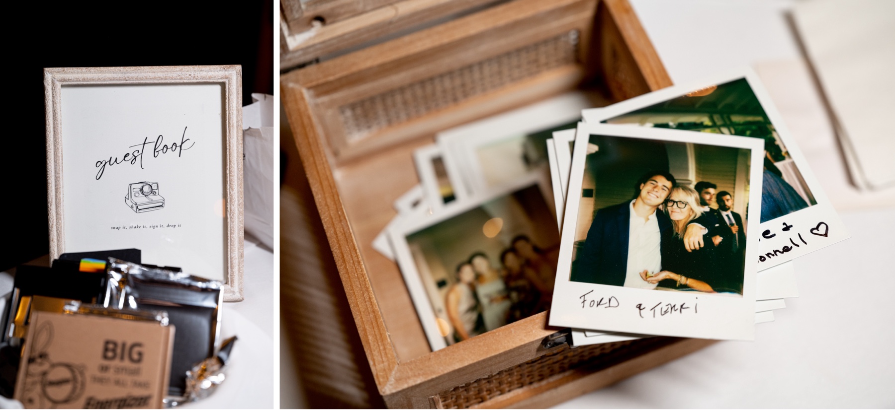 guest book camera and mini polaroid photos in a box 