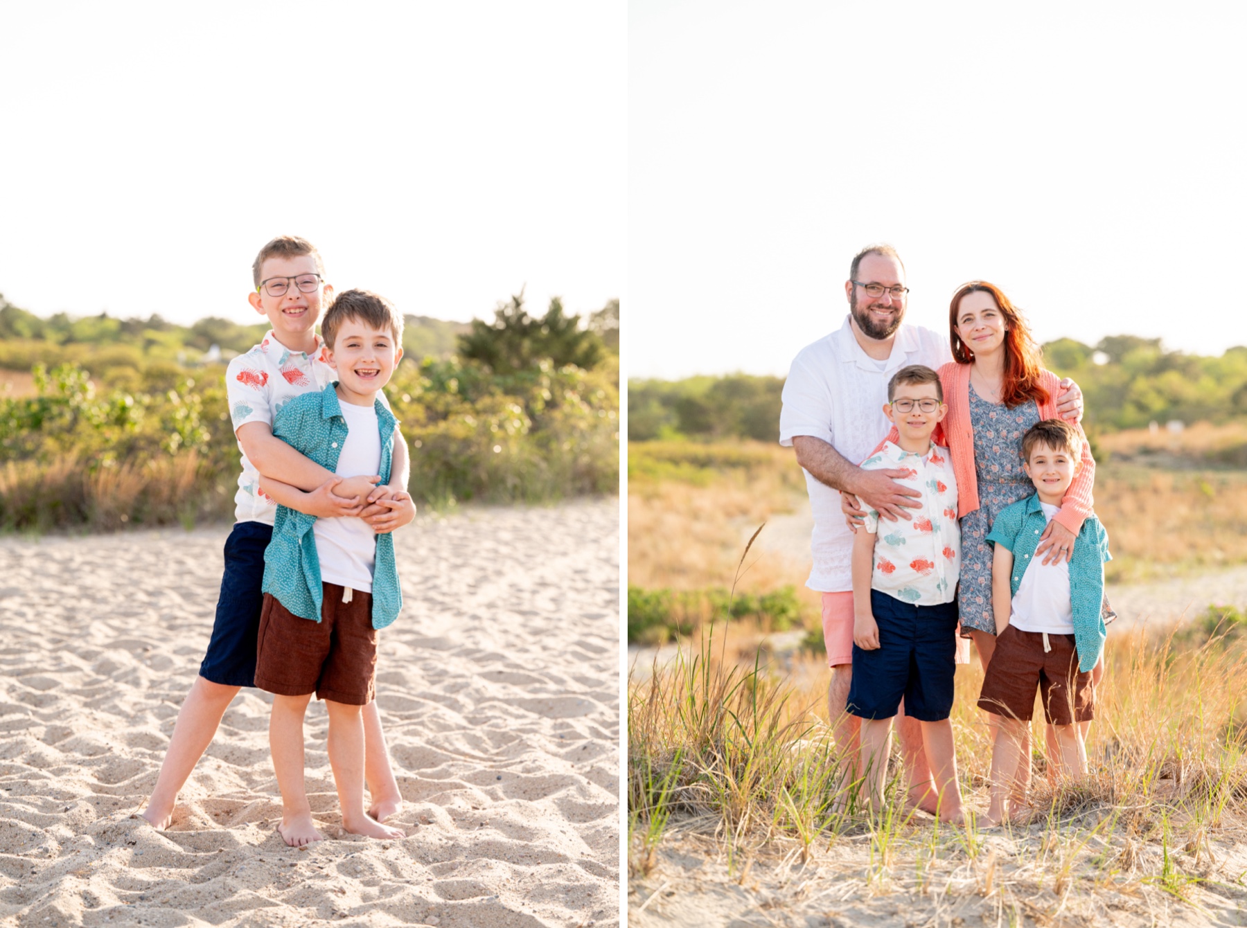 young brothers standing on the beach smiling at the camera