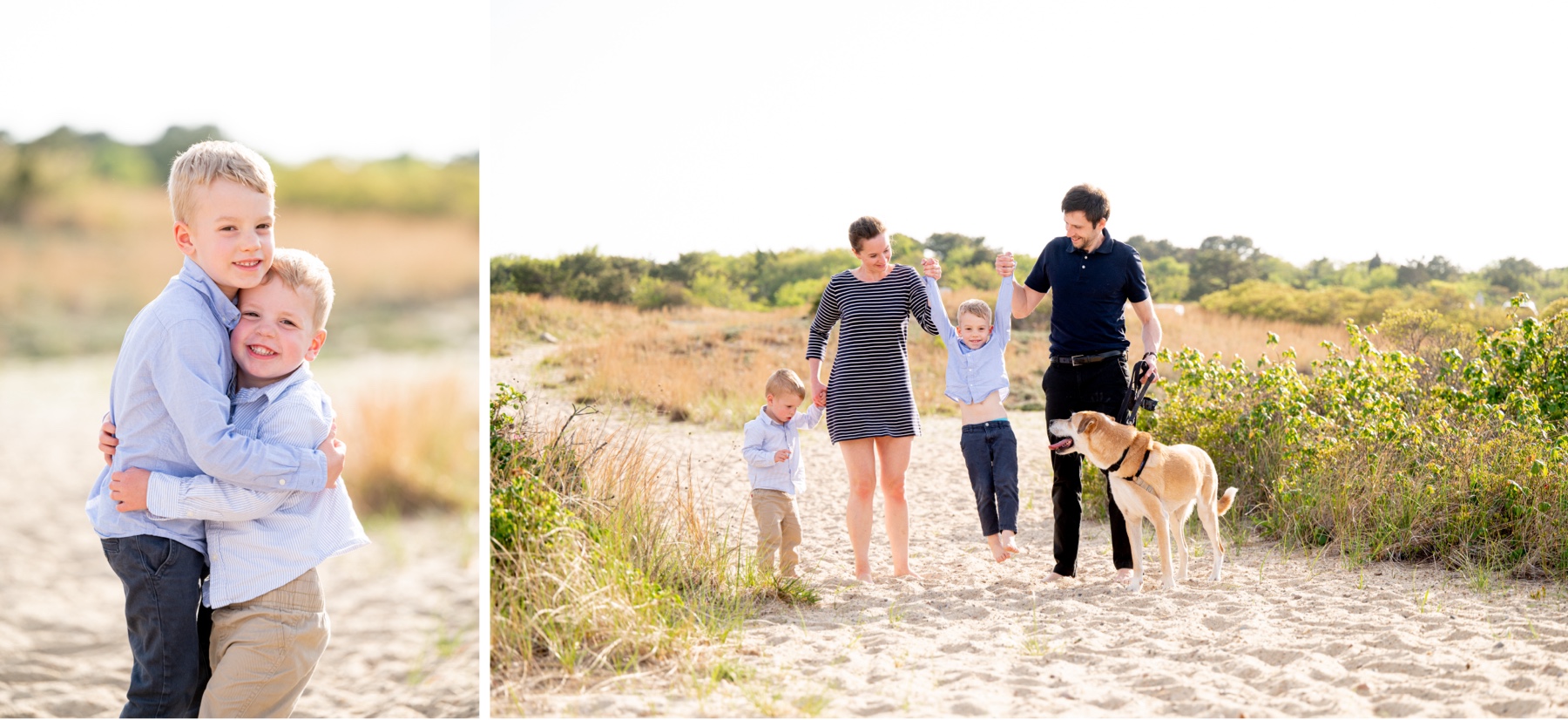 family of four walking on the beach with their dog