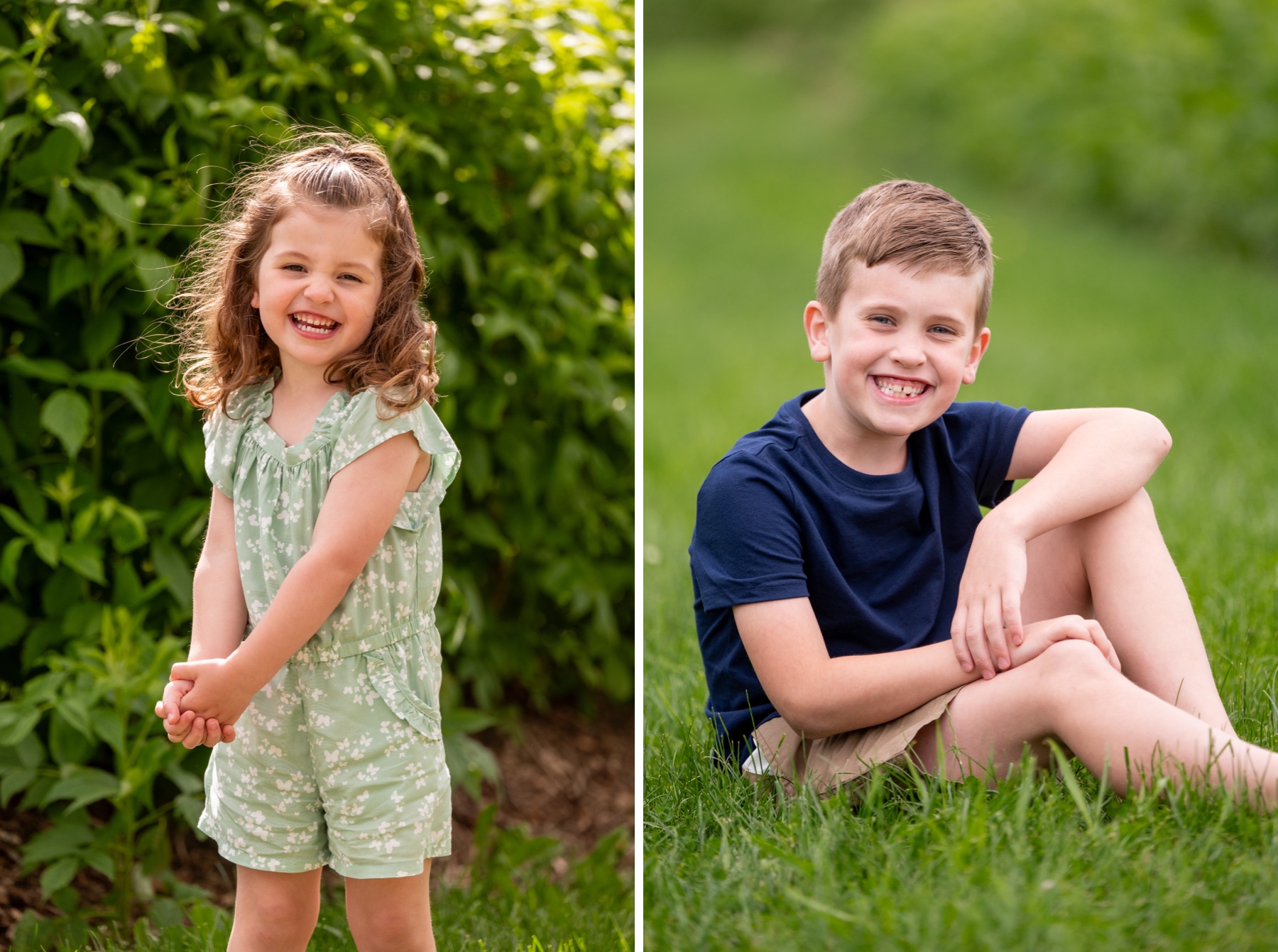 girl wearing green outfit and boy wearing blue shirt smiling at the camera for family photos