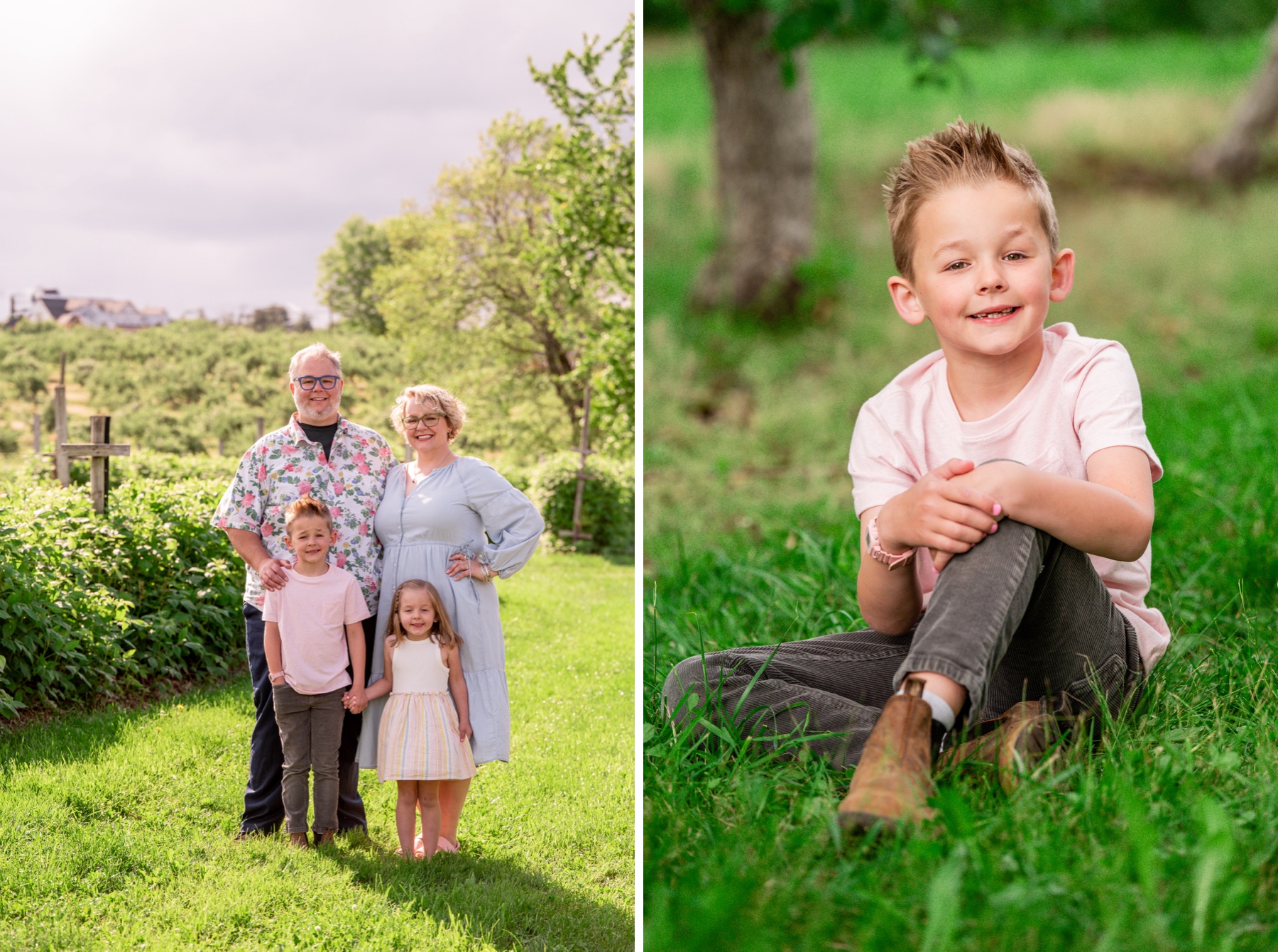family of four posing for spring portraits in apple orchard