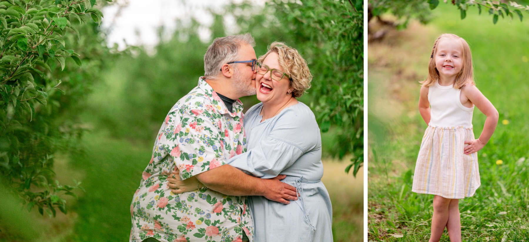 parents kissing in the apple orchard and girl posing in white and pink dress