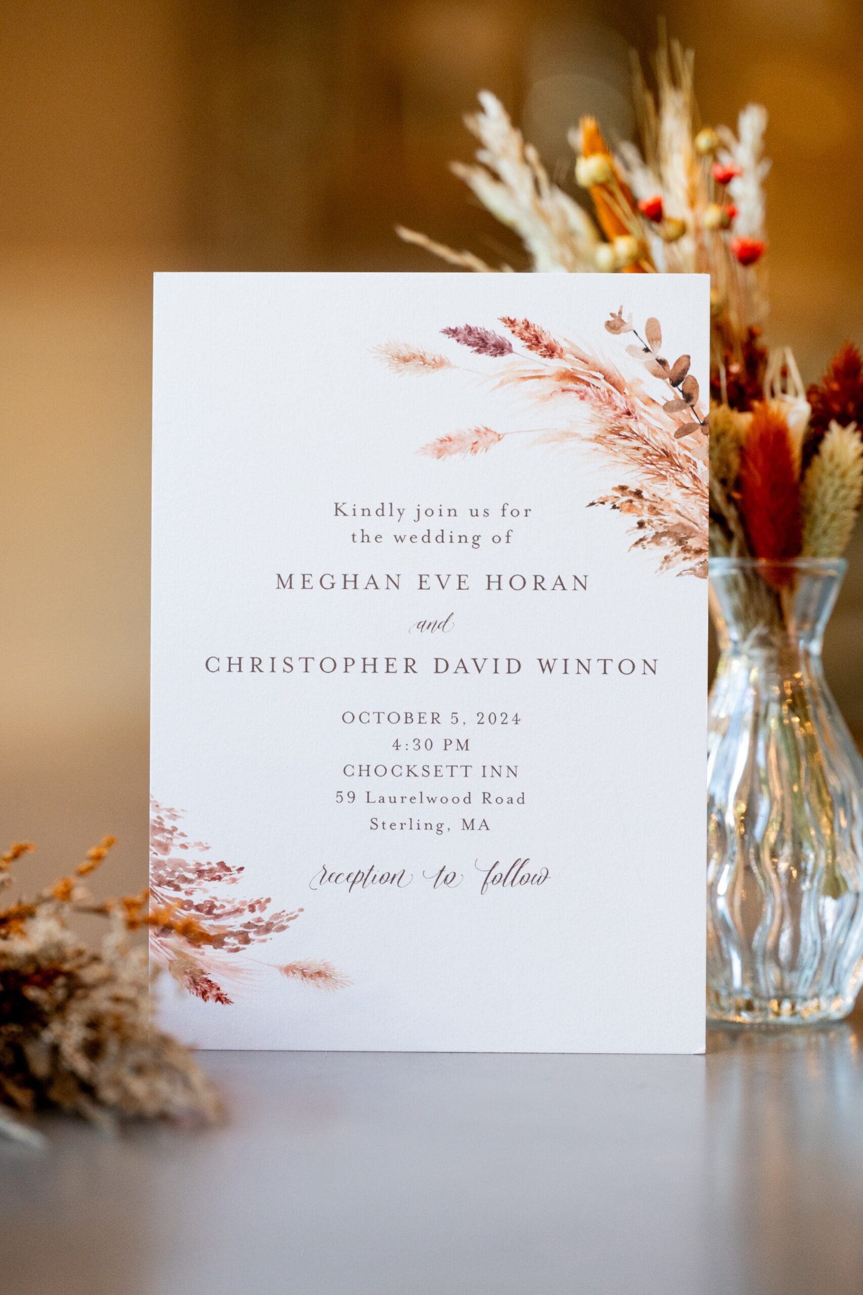 white and pink floral wedding invitation for chocksett inn wedding