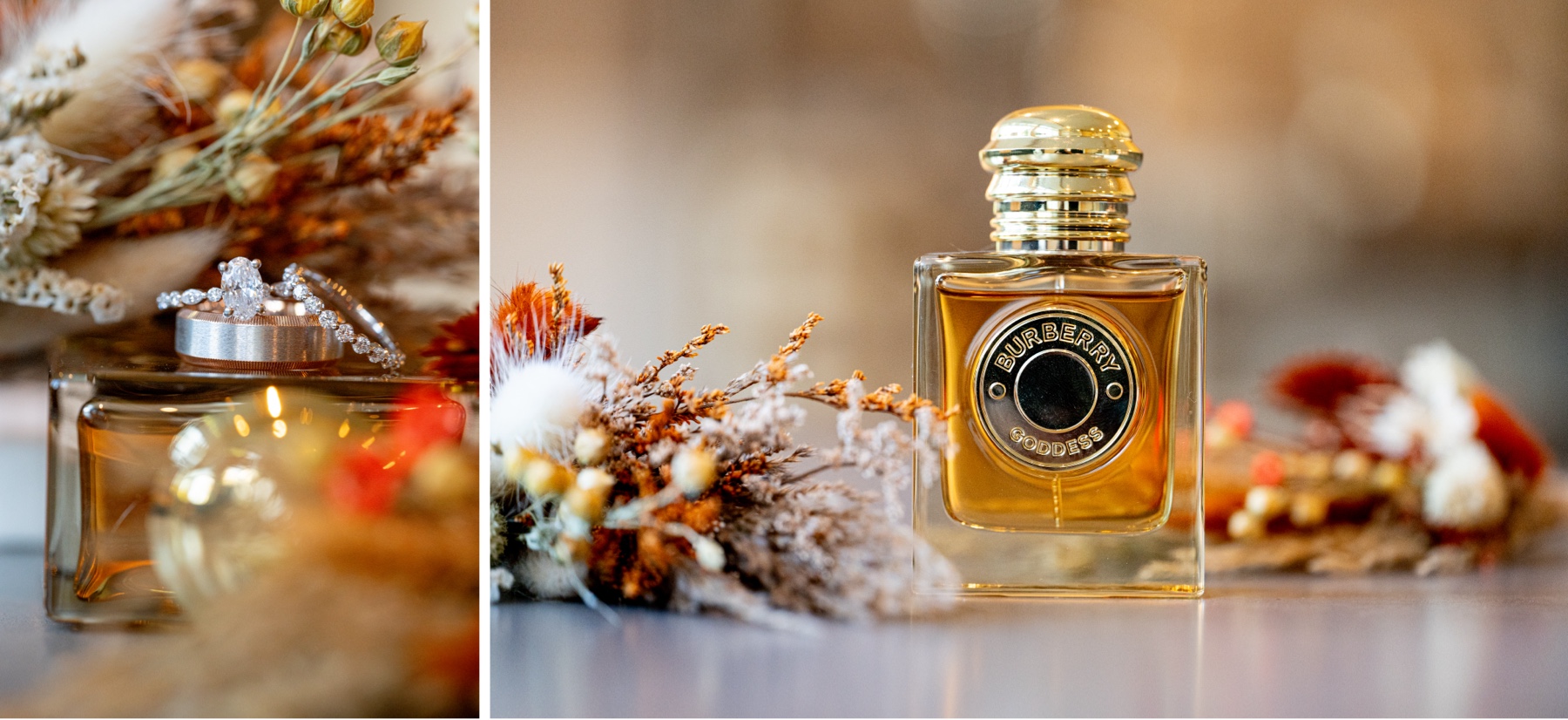 diamond wedding rings and gold cologne bottle