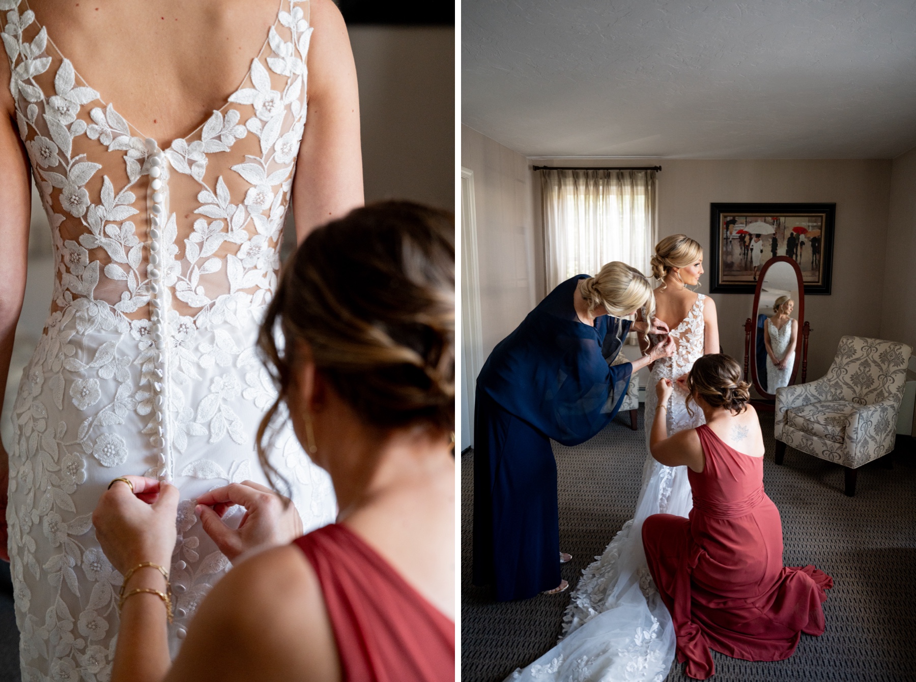 bride's mother and maid of honor buttoning bride's dress for her chocksett inn wedding 