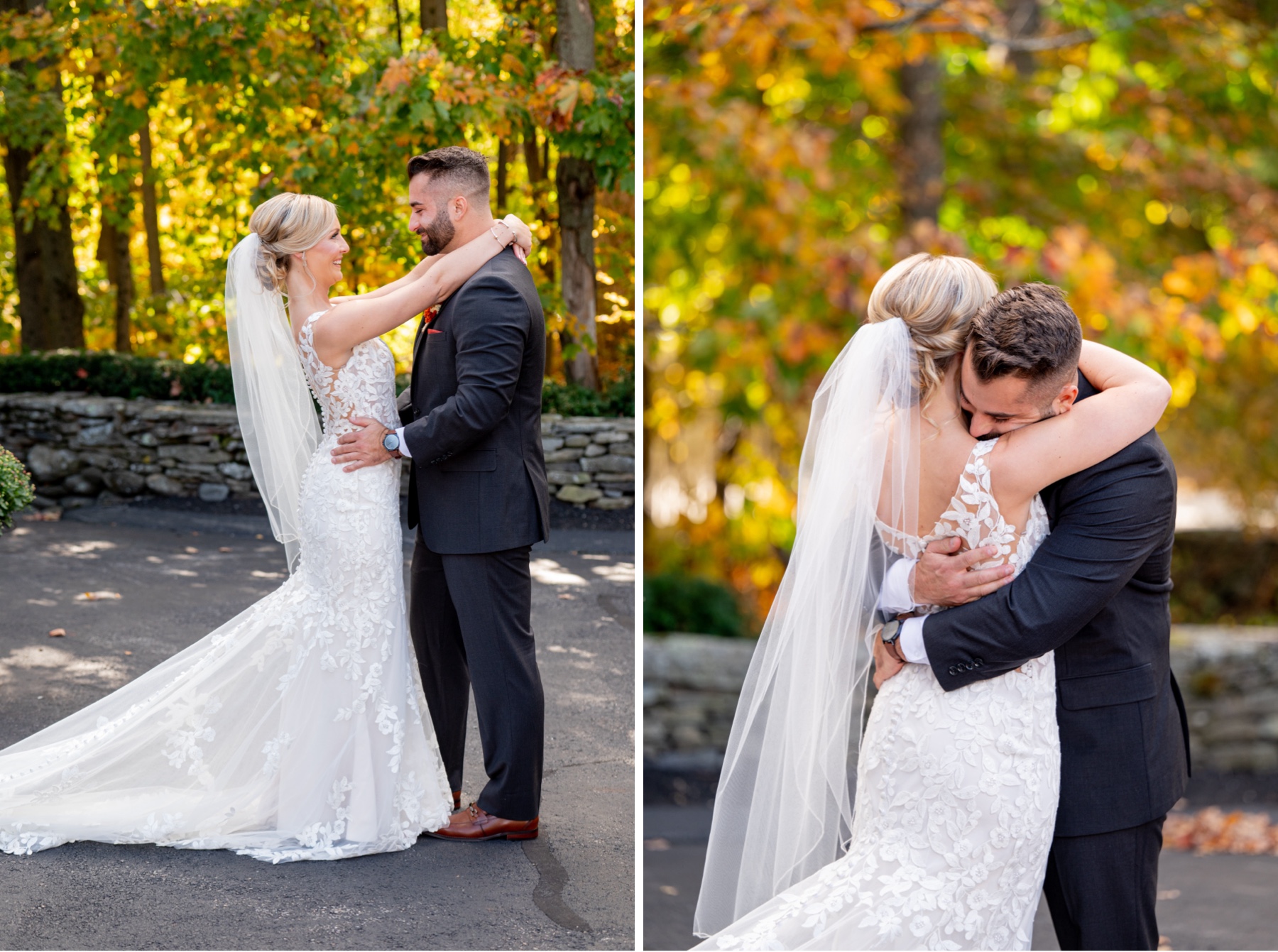 bride and groom kissing in front of fall foliage at the chocksett inn