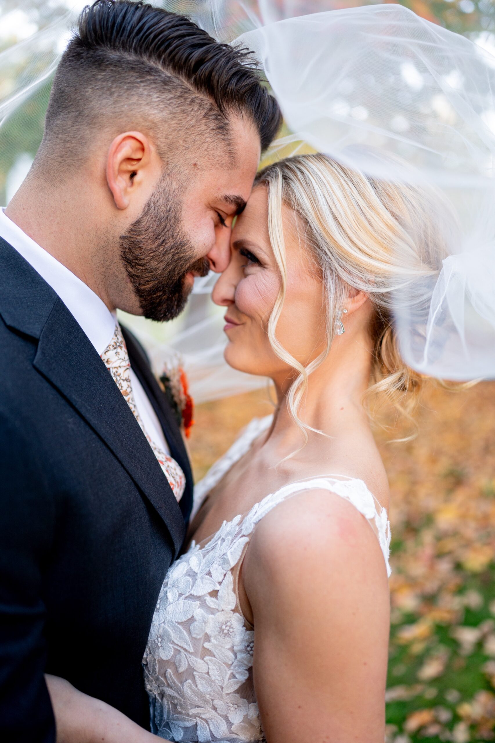 bride and groom under the bride's veil