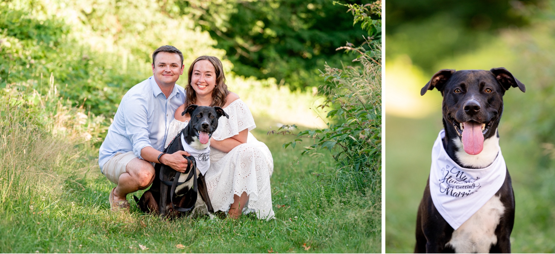 couple sitting in the grass with their black dog