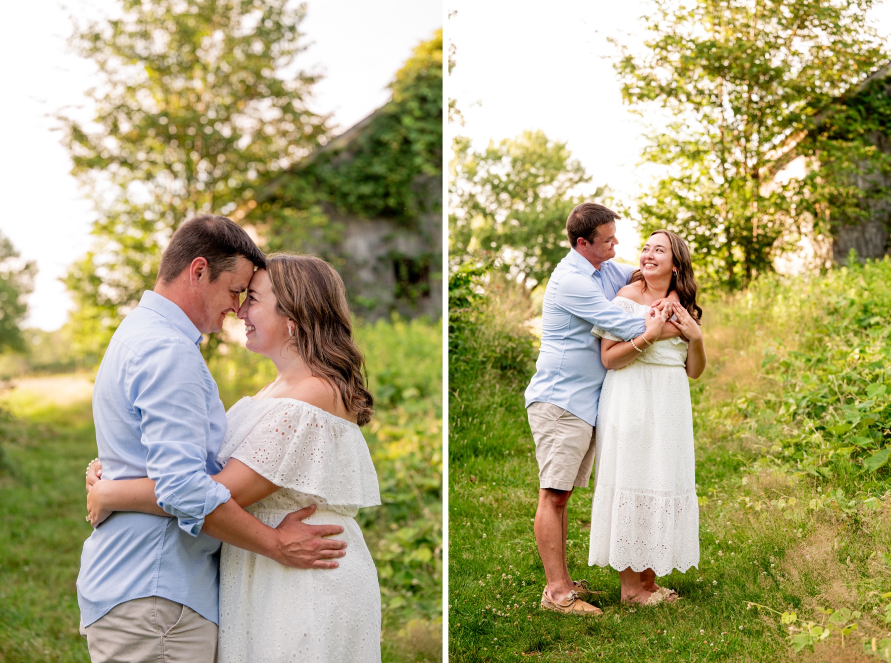 man and woman embracing surrounded by green grass and trees