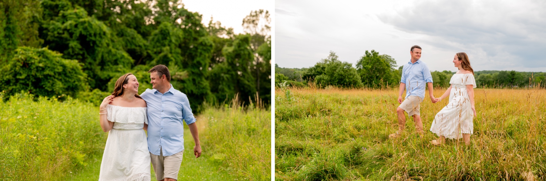 couple walking through the fields of shaw farm in sutton, ma