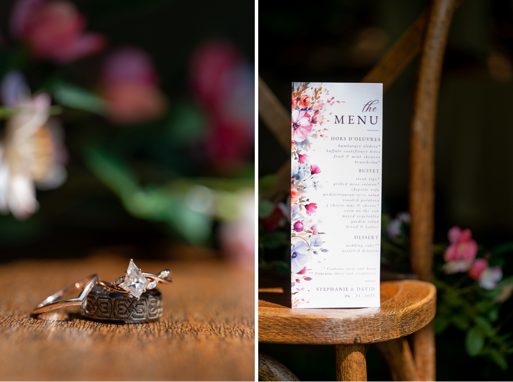 wedding rings and wedding dinner menu 