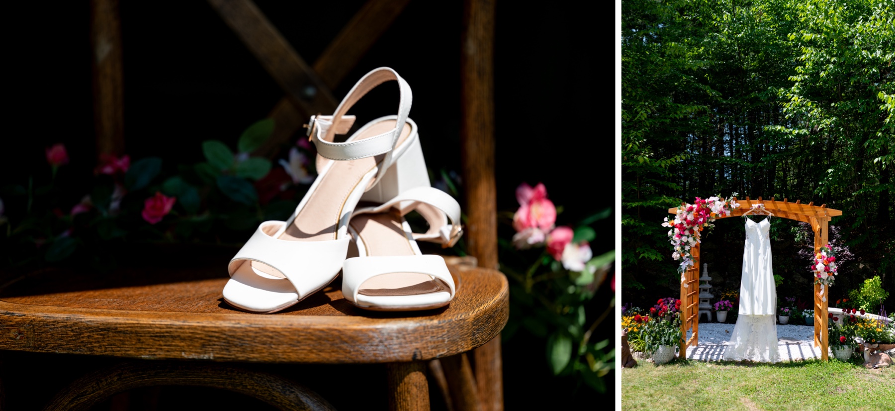 the bride's white shoes sitting on a wooden chair and her dress hanging outside 