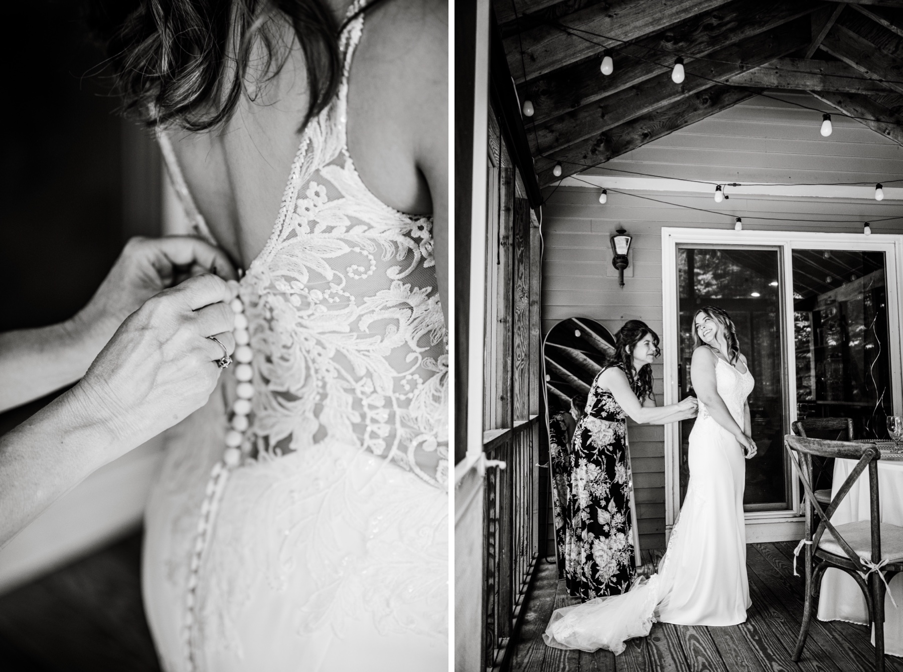 the bride smiling as her family member buttons the back of her dress 