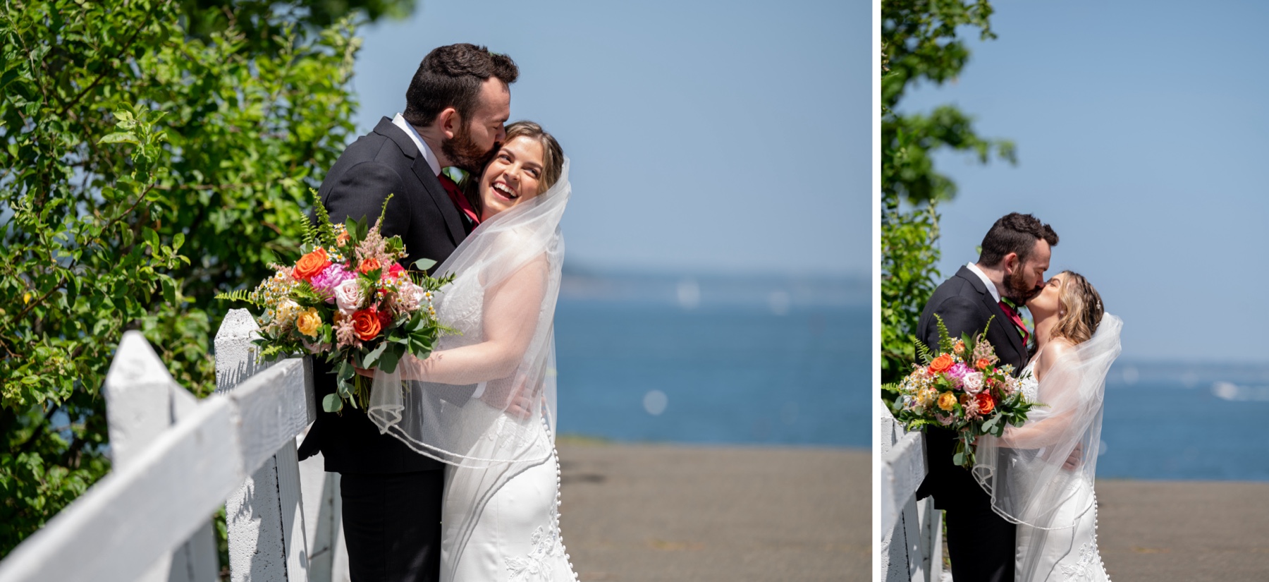 bride and groom kissing with the ocean behind them