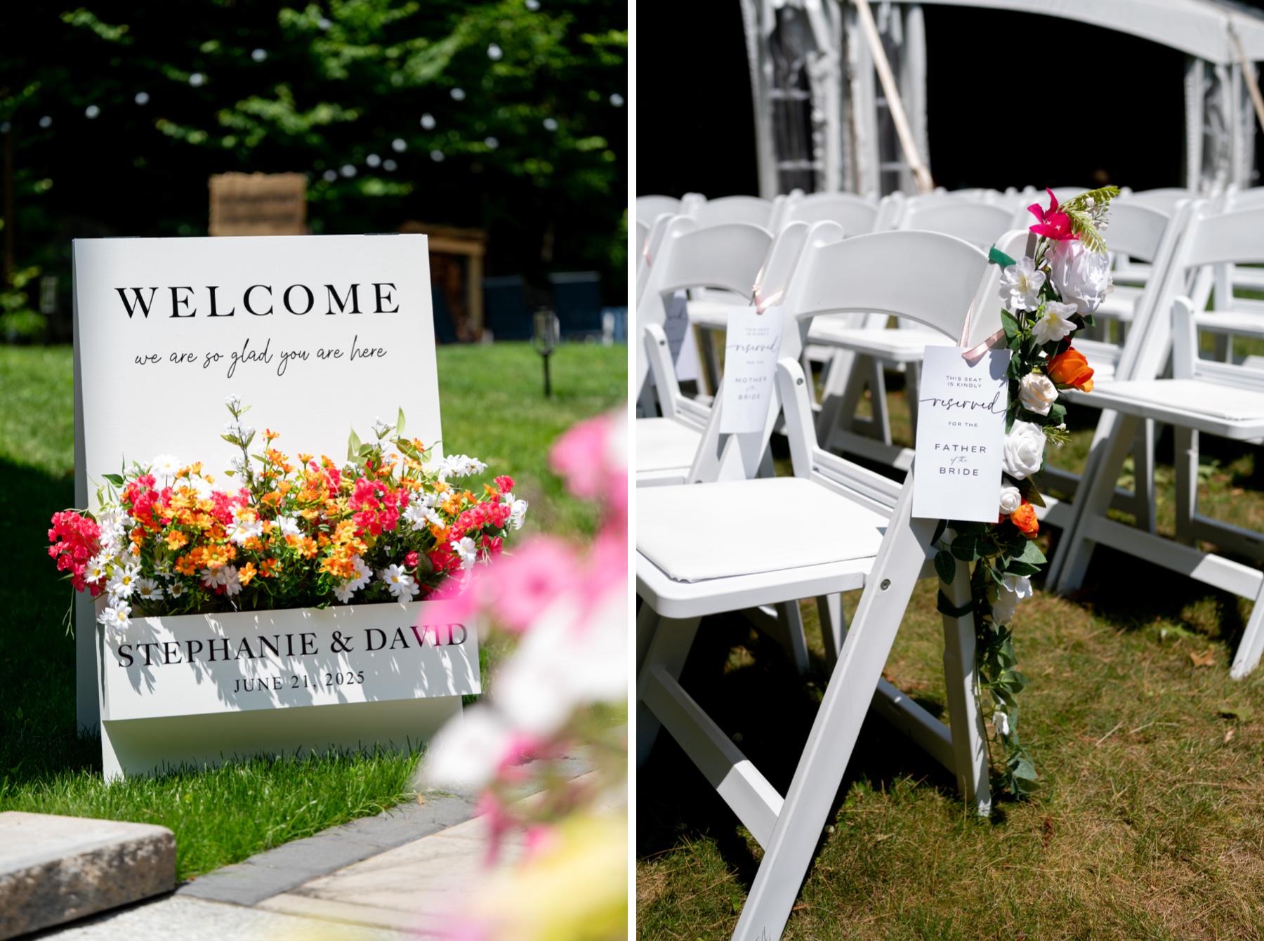 white signs and chairs covered with bright pink and yellow flowers for the wedding ceremony
