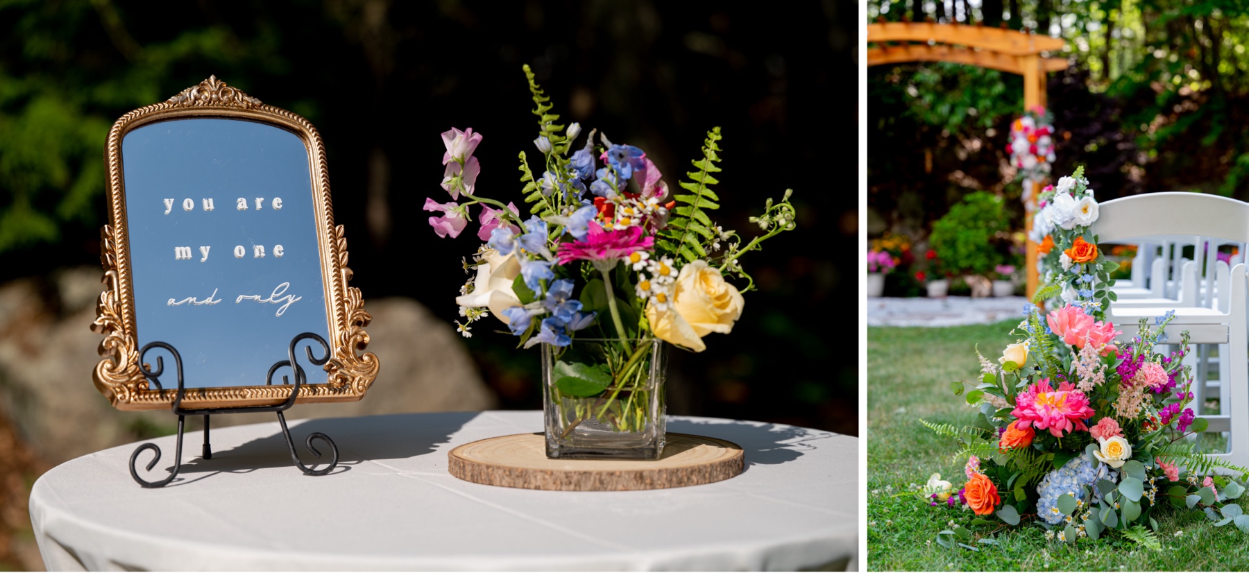 bright pink and blue and orange flower displays for the backyard wedding ceremony 