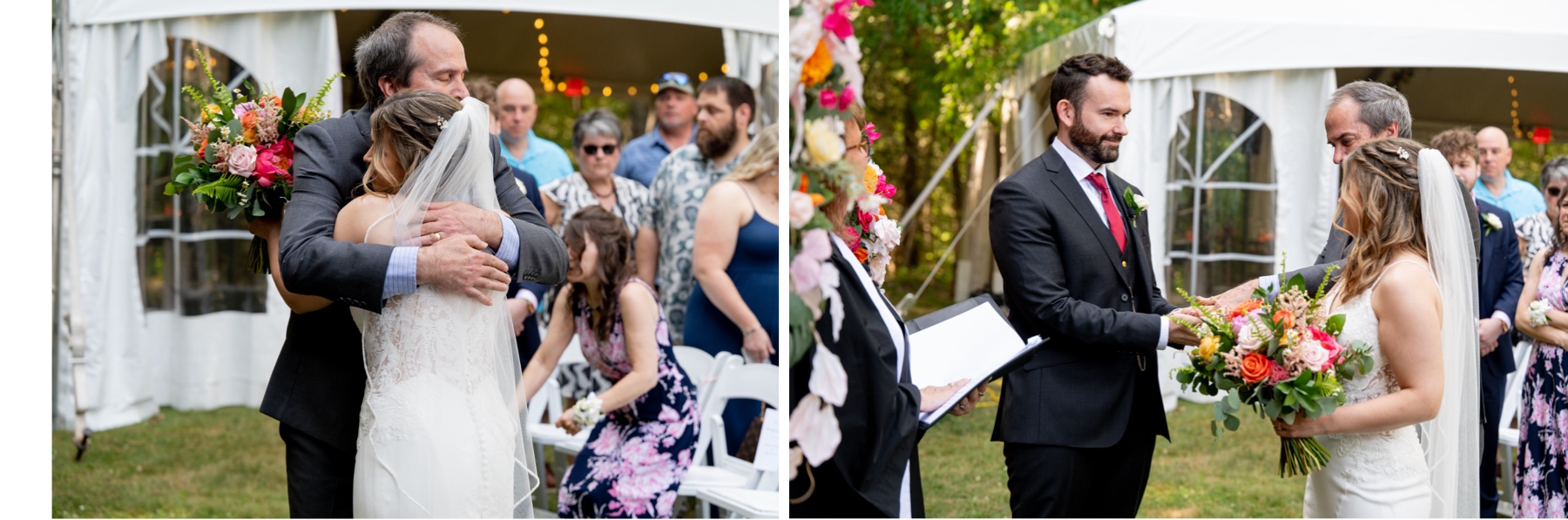 bride and father embracing during wedding ceremony