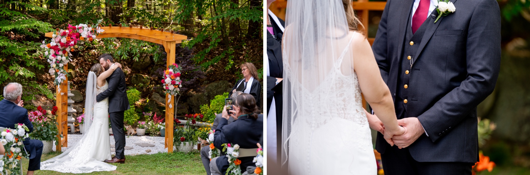 bride and groom kissing during their backyard wedding ceremony 