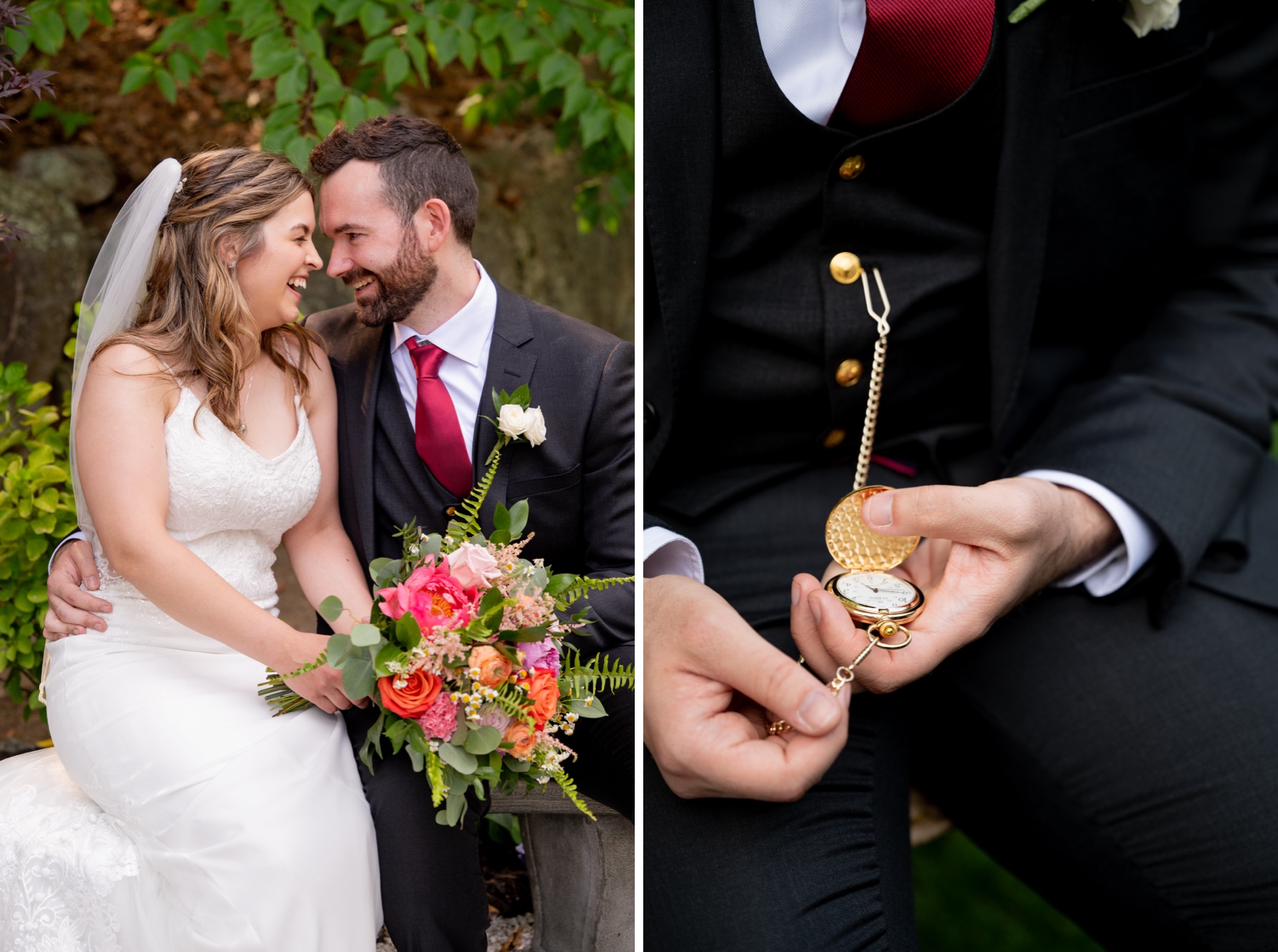 bride and groom sitting on a bench laughing together 