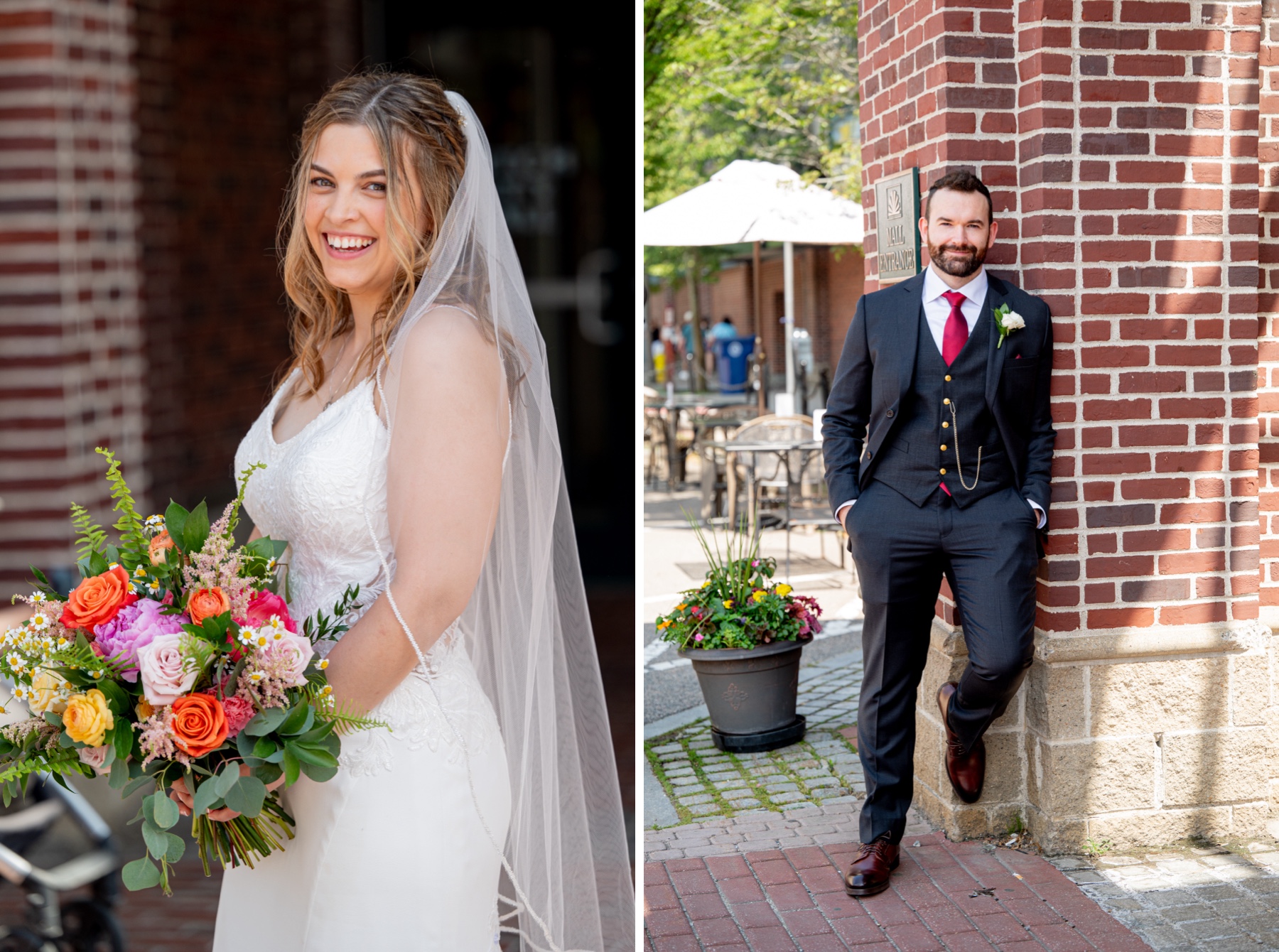 bride and groom standing in front of witch city mall