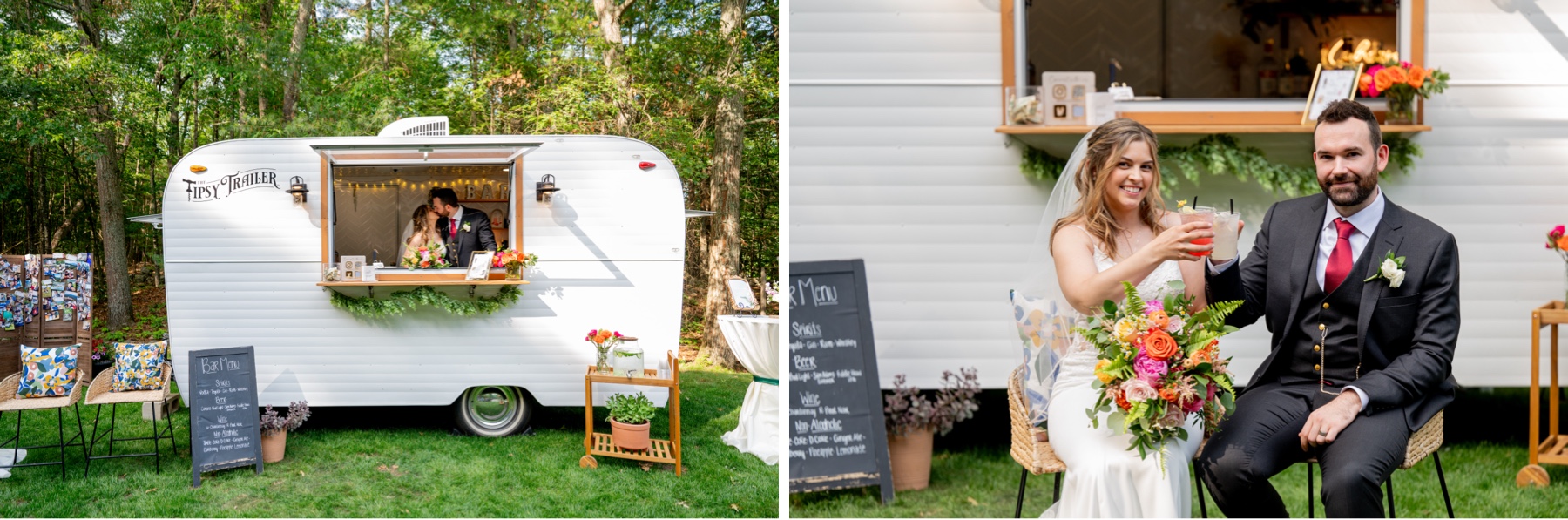 bride and groom enjoying a cocktail from their mobile bartender wagon